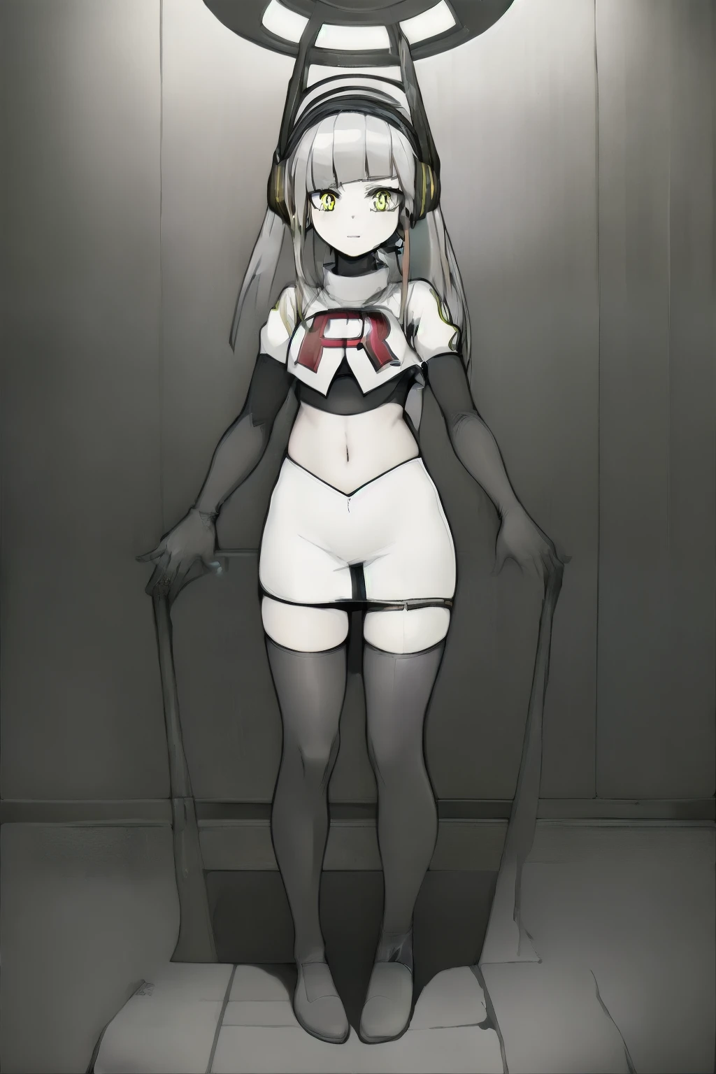 masterpiece, highly detailed, 1girl, nickel, silver hair, yellow eyes, headset, scifi, futuristic, metallic, circuitry, computer, electronic, colorful, team rocket,team rocket uniform, red letter R, white skirt,white crop top,black thigh-highs,black elbow gloves