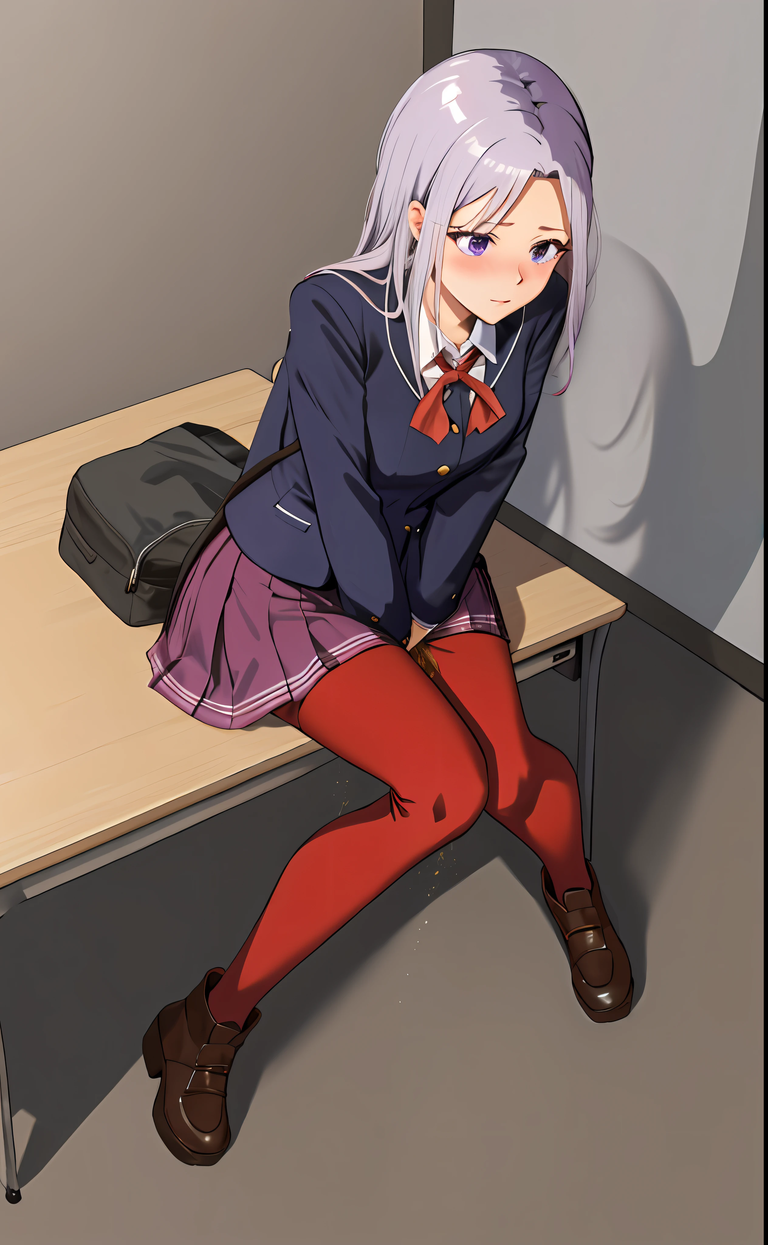 peeing self, indoors, busy classroom, school desk, sitting, holding pen, Edelgard, upskirt view, legs together, a3r1th, peeing, peeing herself, perfect female figure, Edelgard, holding pen, silver hair, purple eyes, red pantyhose, school uniform black shorts, hair ribbons, black ankle boots, looking down nervously, shy, embarrassed, aroused, shocked, panicking, worried, very desperate to pee, urination, legs crossed, rape face, full-face blush, high detail, Realism, Hyperrealism, multiple views, wide shot, pov, from above, ccurate, masterpiece, highres, UHD, anatomically correct, super detail, best quality, highres, 8k