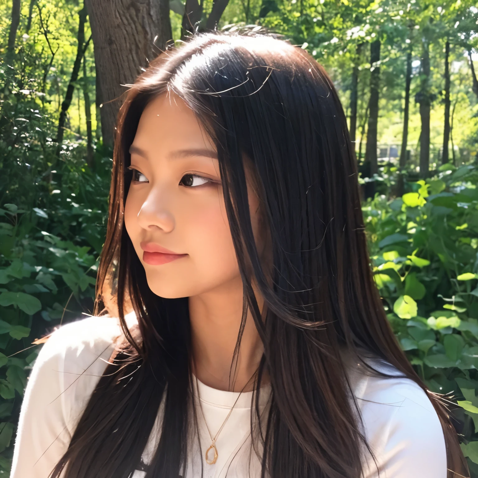 Create an image of Kim Jennie from blackpink. In a lush forest with dark colors. Raven haired, with hair behind the shoulders and short, dressed as an elf. Preferably busty and not too remote.