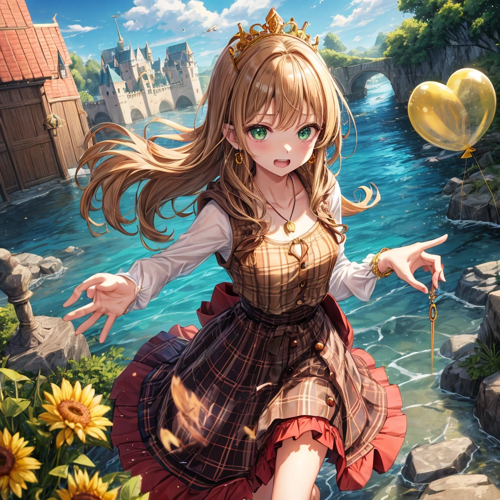 reddish-brown blonde、green eyes、one good looking girl、solo、anime、plaid mini skirt、the skirt has buttons、camisole、black t-shirt、dress、wearing a ribbon、ribbon at waist、cloak、hood、clouds are swirling、stone slabs are piled up、one hand raised、crystal earrings、sun、teeth are visible、splash of water、monster castle、have a world map、ceiling、golden key、balloon、jewelry necklace、tiara、Wheat-colored tan