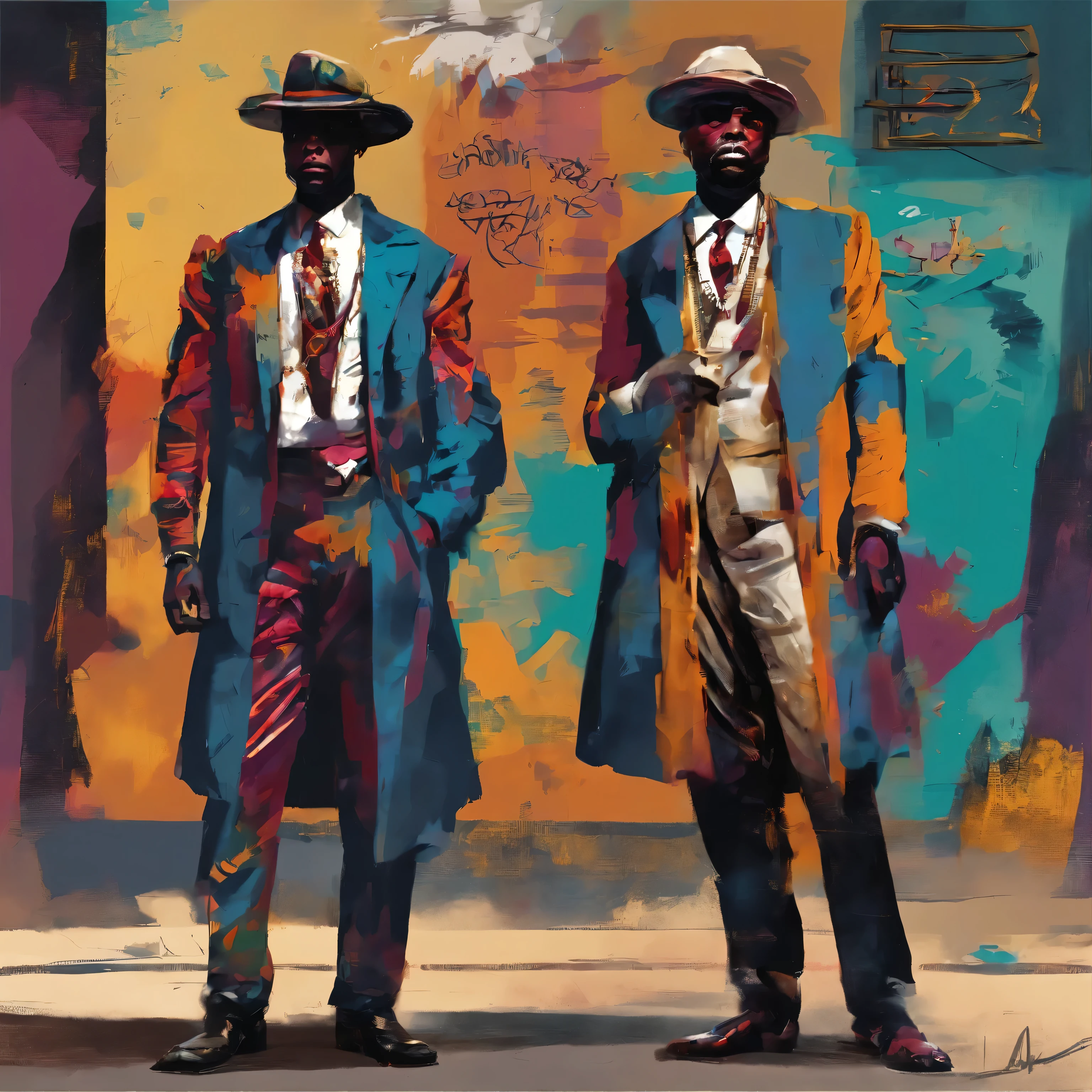 digital painting, graffiti and minimalism art of Harlem Renaissance oil painting of congolese men dressed in Les Sapeurs