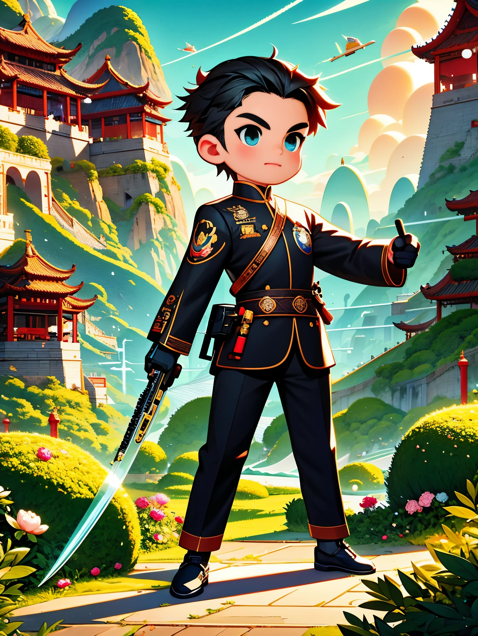 cute cartoon，Vector illustration，（A man in a stylish black suit:1.5），A futuristic agent equipped with exquisite weapons and equipment，The agent stood firm.，Be prepared，Showcasing a variety of high-tech equipment that is seamlessly integrated into the garments。The background should suggest a future urban landscape，Advanced technology and architecture visible。Agent&#39;s equipment includes innovative and advanced gadgets and weapons，Highlighting the advanced nature of the world they live in。The overall image should convey a sense of mystery、A sense of sophistication and cutting-edge technology，（ultra high definitiotomically correct，masterpiece，precise，best quality，8k), Vector martial arts illustration