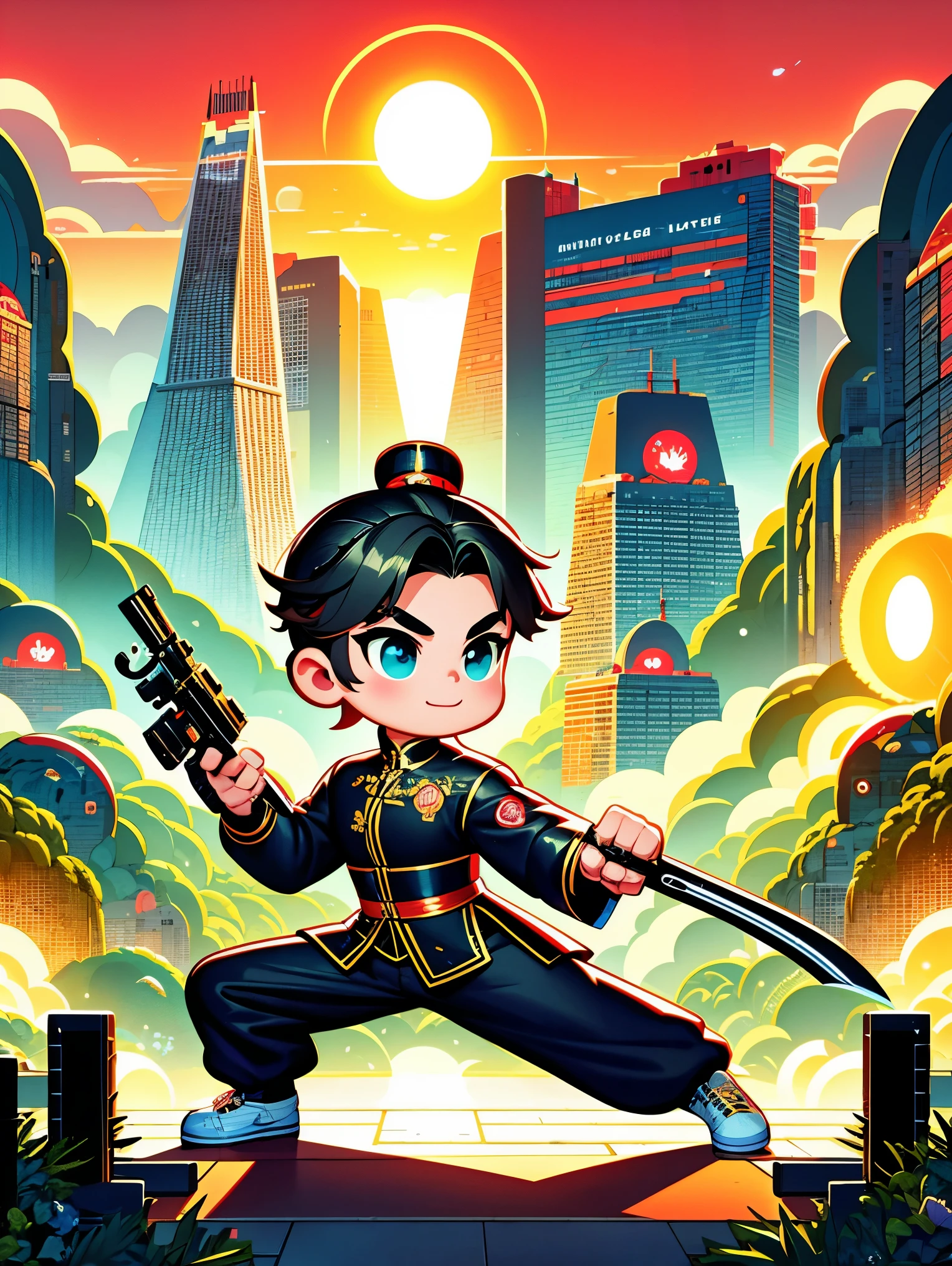 cute cartoon,Vector illustration,(A man in a stylish black suit:1.5),A futuristic agent equipped with exquisite weapons and equipment,The agent stood firm.,Be prepared,Showcasing a variety of high-tech equipment that is seamlessly integrated into the garments。The background should suggest a future urban landscape,Advanced technology and architecture visible。Agent's equipment includes innovative and advanced gadgets and weapons,Highlighting the advanced nature of the world they live in。The overall image should convey a sense of mystery、A sense of sophistication and cutting-edge technology,(ultra high definitiotomically correct,masterpiece,precise,best quality,8k), Vector martial arts illustration
