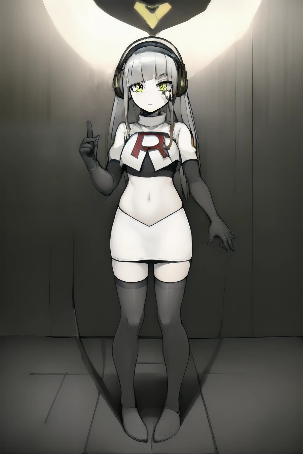masterpiece, highly detailed, 1girl, nickel, silver hair, yellow eyes, headset, scifi, futuristic, metallic, circuitry, computer, electronic, colorful, team rocket,team rocket uniform, red letter R, white skirt,white crop top,black thigh-highs,black elbow gloves
