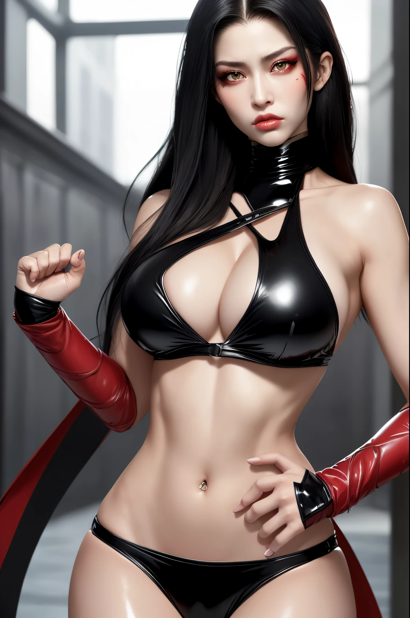 high quality fingers, normal hand, fine fingers, masterpiece, (realist, foto-realist: 1.37), realist, 1 girl, long hair:1.5, black hair:1.2, red eyes:1.5, bright eyes, mortal kombat, ninja, Blood, scar, weapons, swimsuit, traje mortal kombat, combat costume, Big breasts, fighting pose, fierce gaze, harm, blush, half-open lips, latex,