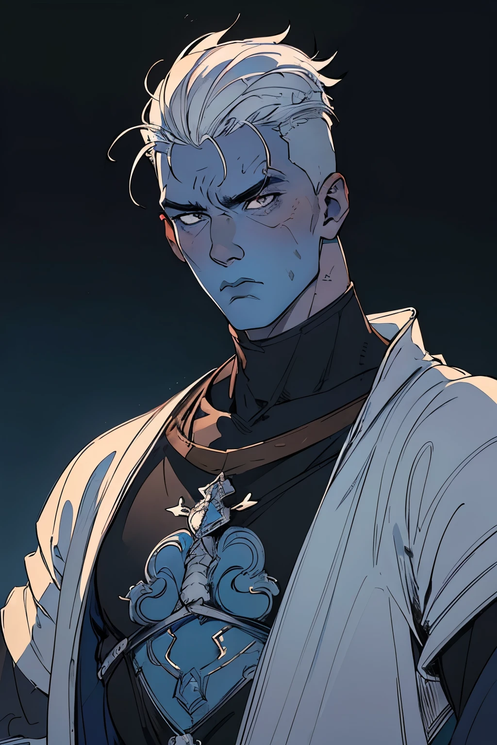 masterpiece:1.2, best quality, ultra detailed, absurdres,, (blue_skin), messy white_hair, undercut, 1male,male_focused,, young, masculine, serious, somber, cold, black layers over gear, archer, bowman gear, in the style of Kentaro Miura, fantasy, SCI-FI, light background,