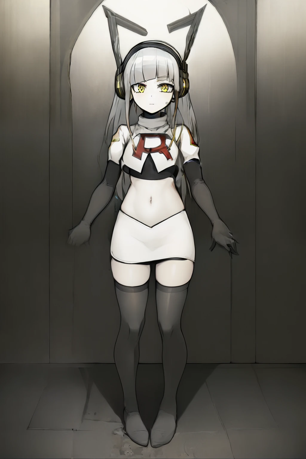masterpiece, highly detailed, 1girl, nickel, silver hair, yellow eyes, headset, scifi, futuristic, metallic, circuitry, computer, electronic, colorful, team rocket,team rocket uniform, red letter R, white skirt,white crop top,black thigh-highs,black elbow gloves