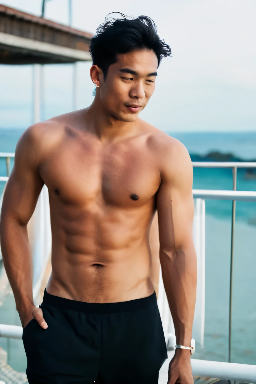 Realistic photograph, RAW photo , Handsome Thai man sea bridge backdrop