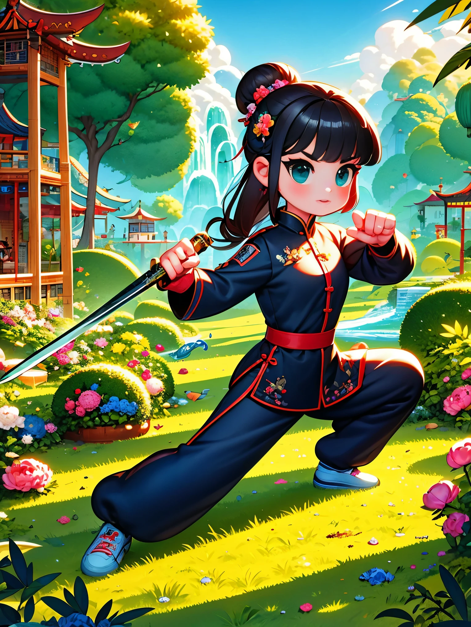 cute cartoon，Vector illustration，（A Special Agent wearing a stylish black suit:1.5），A futuristic agent equipped with exquisite weapons and equipment，The agent stood firm.，Be prepared，Showcasing a variety of high-tech equipment that is seamlessly integrated into the garments。The background should suggest a future urban landscape，Advanced technology and architecture visible。Agent&#39;s equipment includes innovative and advanced gadgets and weapons，Highlighting the advanced nature of the world they live in。The overall image should convey a sense of mystery、A sense of sophistication and cutting-edge technology，（ultra high definitiotomically correct，masterpiece，precise，best quality，8k), Vector martial arts illustration