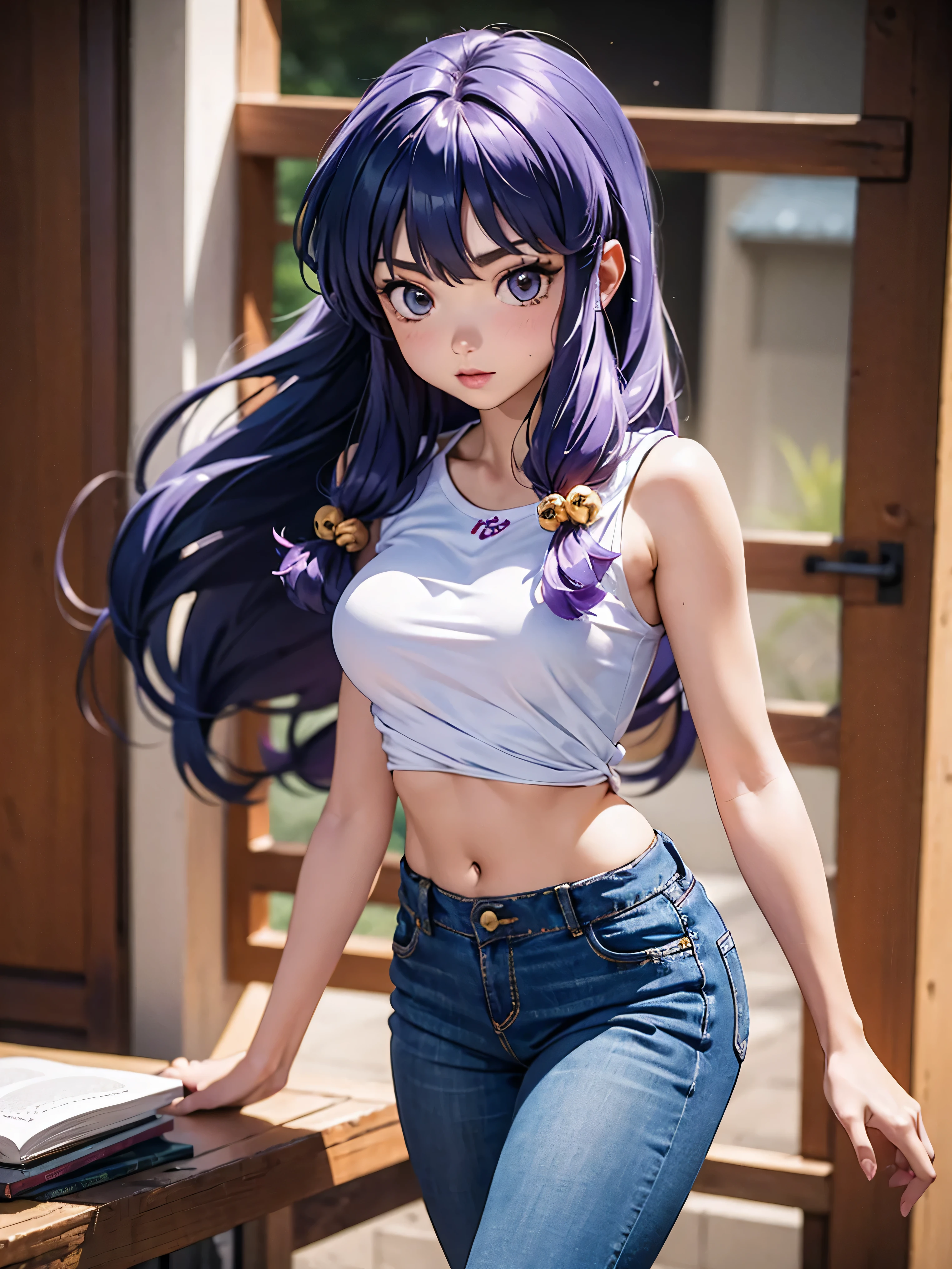 Anime cabelo purple com short jeans e blusa rosa brilhante, 16 anos, corpo bonito, seios grandes, com as hands on chest, hands on chest, Garota sexy, purple cabelo, mechas de cabelo laterais, mechas de cabelo na lateral do rosto, beautiful lighting, sombras suaves, olhos azuis, pernas bonitas, cabelo longo purple, estilo anime, personagem Shampoo Chan, Autora Rumiko Takahashi, Baseado em obra de Rumiko Takahashi, Anime Ranma 1/ 2, decote sexy, quadril robusto, corpo inteiro, corpo inteiro, busto grande, garota jovem com corpo belo e bonito, sandals on his feet, garota 16 anos jovem baixa estatura, usando short jeans e blusa rosa brilhante, garota anime, estilo anime, beautiful feet in sandals, 45° viewing angle, ao ar livre, peito grande, seios bonitos, cabelo purple, sandals on the feet, pernas bonitas