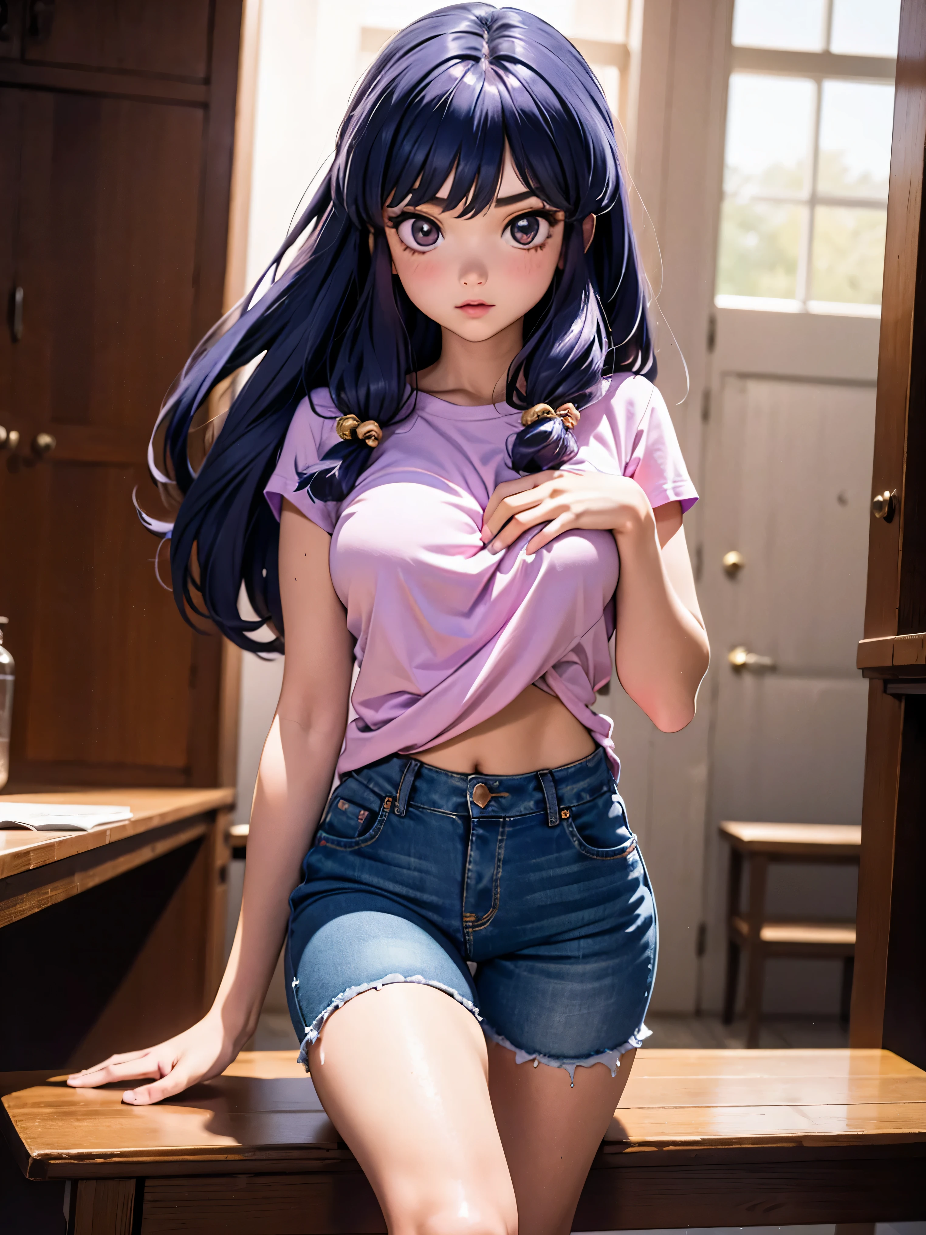 Anime cabelo purple com short jeans e blusa rosa brilhante, , corpo bonito, seios grandes, com as hands on chest, hands on chest, Garota sexy, purple cabelo, mechas de cabelo laterais, mechas de cabelo na lateral do rosto, beautiful lighting, sombras suaves, olhos azuis, pernas bonitas, cabelo longo purple, estilo anime, personagem Shampoo Chan, Autora Rumiko Takahashi, Baseado em obra de Rumiko Takahashi, Anime Ranma 1/ 2, decote sexy, quadril robusto, corpo inteiro, corpo inteiro, busto grande, garota jovem com corpo belo e bonito, sandals on his feet, garota 16 anosbaixa estatura, usando short jeans e blusa rosa brilhante, garota anime, estilo anime, beautiful feet in sandals, 45° viewing angle, ao ar livre, peito grande, seios bonitos, cabelo purple, sandals on the feet, pernas bonitas