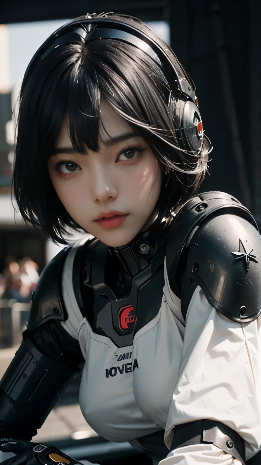 Highest image quality, outstanding details, ultra-high resolution, (realism: 1.4), the best illustration, favor details, highly condensed 1girl, with a delicate and beautiful face, dressed in a black and silver mecha, wearing a mecha helmet, holding a directional controller, riding on a motorcycle, the background is a high-tech lighting scene of the future city. cool beauty,tall girl,short cut hair, black hair,Precisely expresses details such as face and skin texture,beautiful eye,double eyelid,delicate skin,slender body shape,alone,big breast