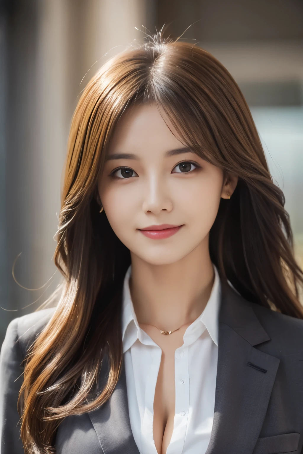 table top, highest quality, realistic, Super detailed, finely, High resolution, 8k wallpaper, 1 beautiful woman,, light brown messy hair, wearing a business suit, sharp focus, perfect dynamic composition, beautiful and detailed eyes, thin hair, Detailed realistic skin texture, smile, close-up portrait, model body shape