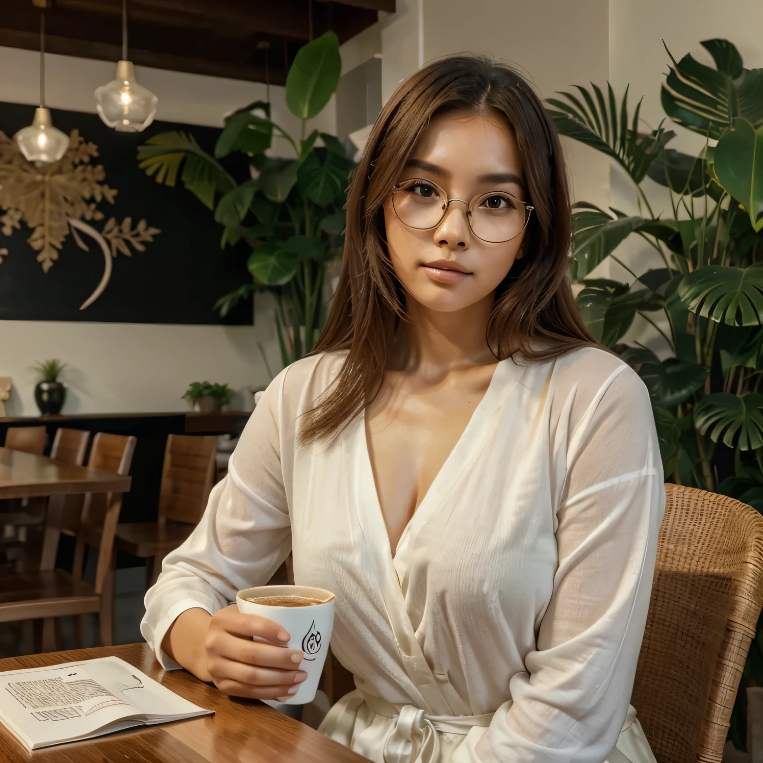 (melhor qualidade:1.2, high resolution), Plus size Korean woman in a cafe, cabelo solto, lindos olhos detalhados, beautiful detailed lips, cores vibrantes, atmosfera acolhedora, design de interiores moderno, natural lighting, stylish glasses, roupa da moda, confident expression, sentado em uma mesa, holding a cup of coffee, aproveitando o momento, rodeado de plantas e flores, Soothing background music, relaxed and quiet atmosphere, ambiente acolhedor e convidativo.