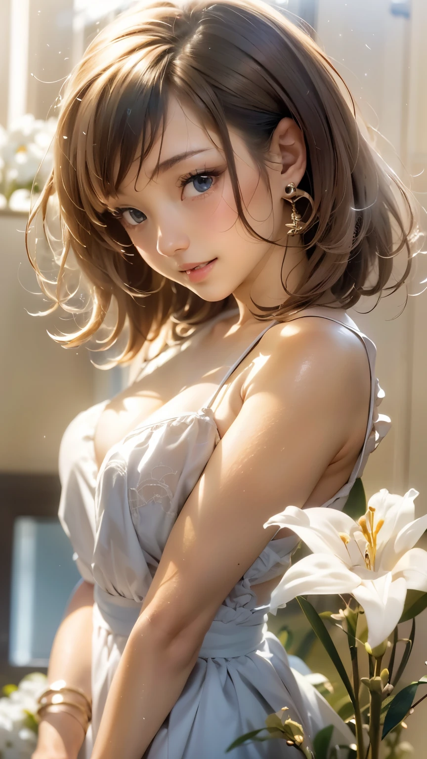 1 girl, Blue eyes. Full length, holding a lily in her hand, blue short couture bell dress, with straps, open shoulders. Blue eyes glow with happiness. Head tilted, short brown hair, graceful head, with a clear smile on her face, Chic interior - sunshine. Chara, a golden studio background, stands among white flowers. Brown hair, blunt bangs, hair between the eyes, parted bangs, long eyelashes, earrings, slight smile, Realism, Surrealism, Art Deco, chiaroscuro, backlighting, masterpiece, anatomically correct, super detail, excellent detail, award-winning, best quality, 1080P, HD