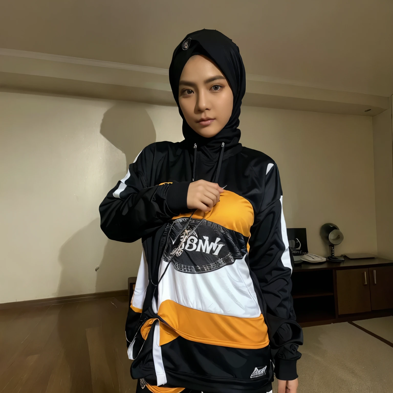 Buat cowo dan cewe memakai baju jersey dengan nomor punggung 7 dan nama punggung N (cewe) dan nomor punggung 7 dan nama punggung O (cowo) membelakangi kamera dan cewenya memakai hijab hitam sport