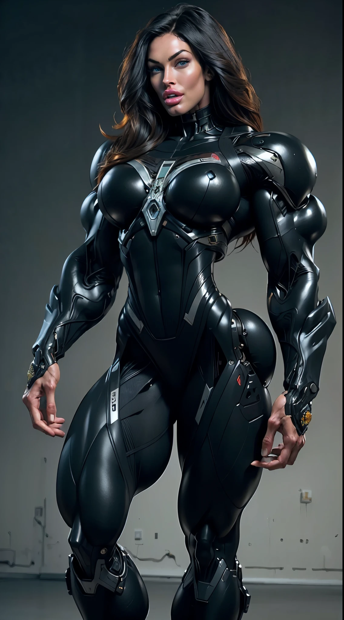 (1 girl), (megan fox:1.25), (muscular android girl wearing a black anatomic cybernetic muscle suit:1.25), (wide shoulders:1.25), (muscular defined physique:1.25), perfect hands, long hair, large breasts, high resolution image, extreme detail, blank background