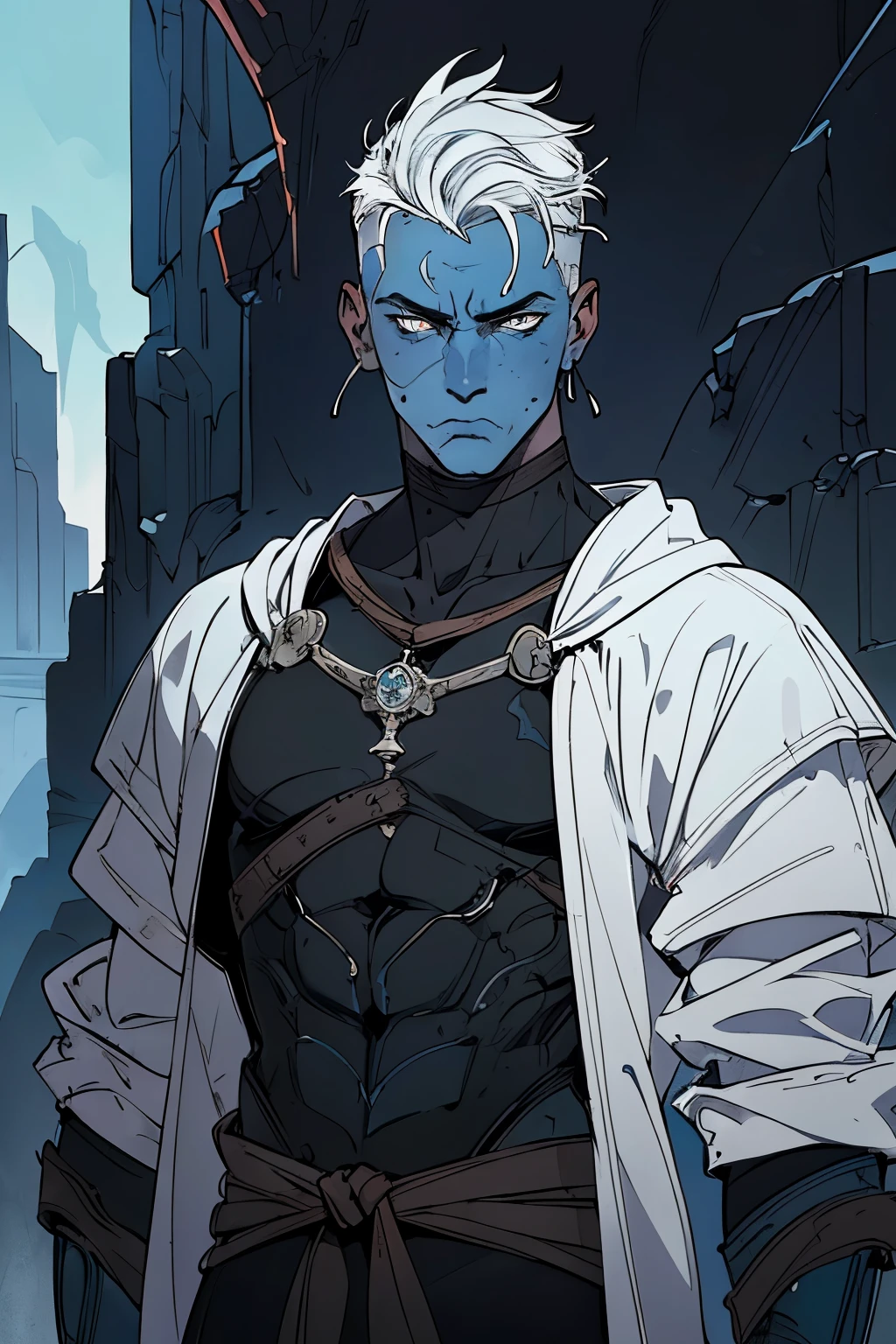 masterpiece:1.2, best quality, ultra detailed, absurdres,, (blue_skin), messy white_hair, undercut, 1male,male_focused,, young, masculine, serious, somber, cold, black layers over gear, archer, bowman gear, in the style of Kentaro Miura, fantasy, SCI-FI, light background,