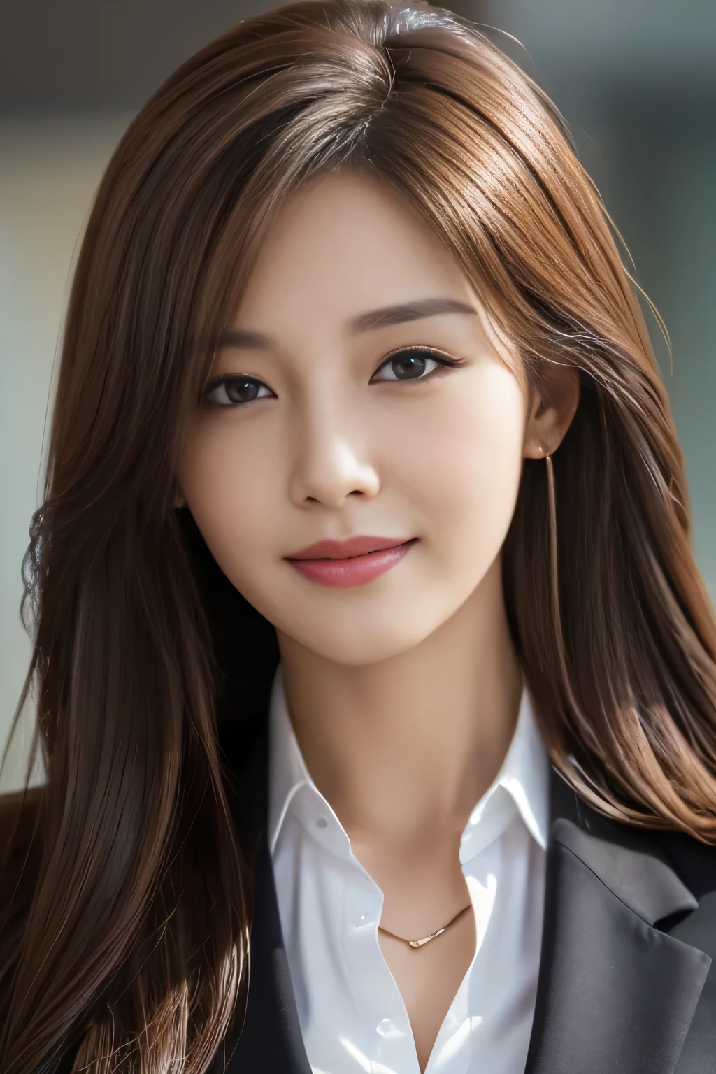 table top, highest quality, realistic, Super detailed, finely, High resolution, 8k wallpaper, 1 beautiful woman,, light brown messy hair, wearing a business suit, sharp focus, perfect dynamic composition, beautiful and detailed eyes, thin hair, Detailed realistic skin texture, smile, close-up portrait, model body shape