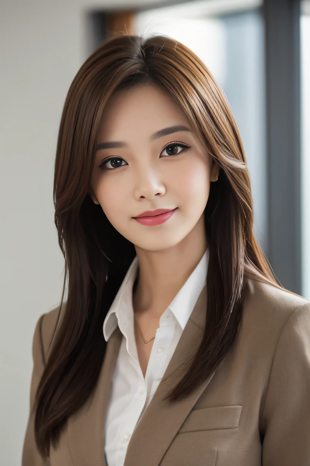 table top, highest quality, realistic, Super detailed, finely, High resolution, 8k wallpaper, 1 beautiful woman,, light brown messy hair, wearing a business suit, sharp focus, perfect dynamic composition, beautiful and detailed eyes, thin hair, Detailed realistic skin texture, smile, close-up portrait, model body shape
