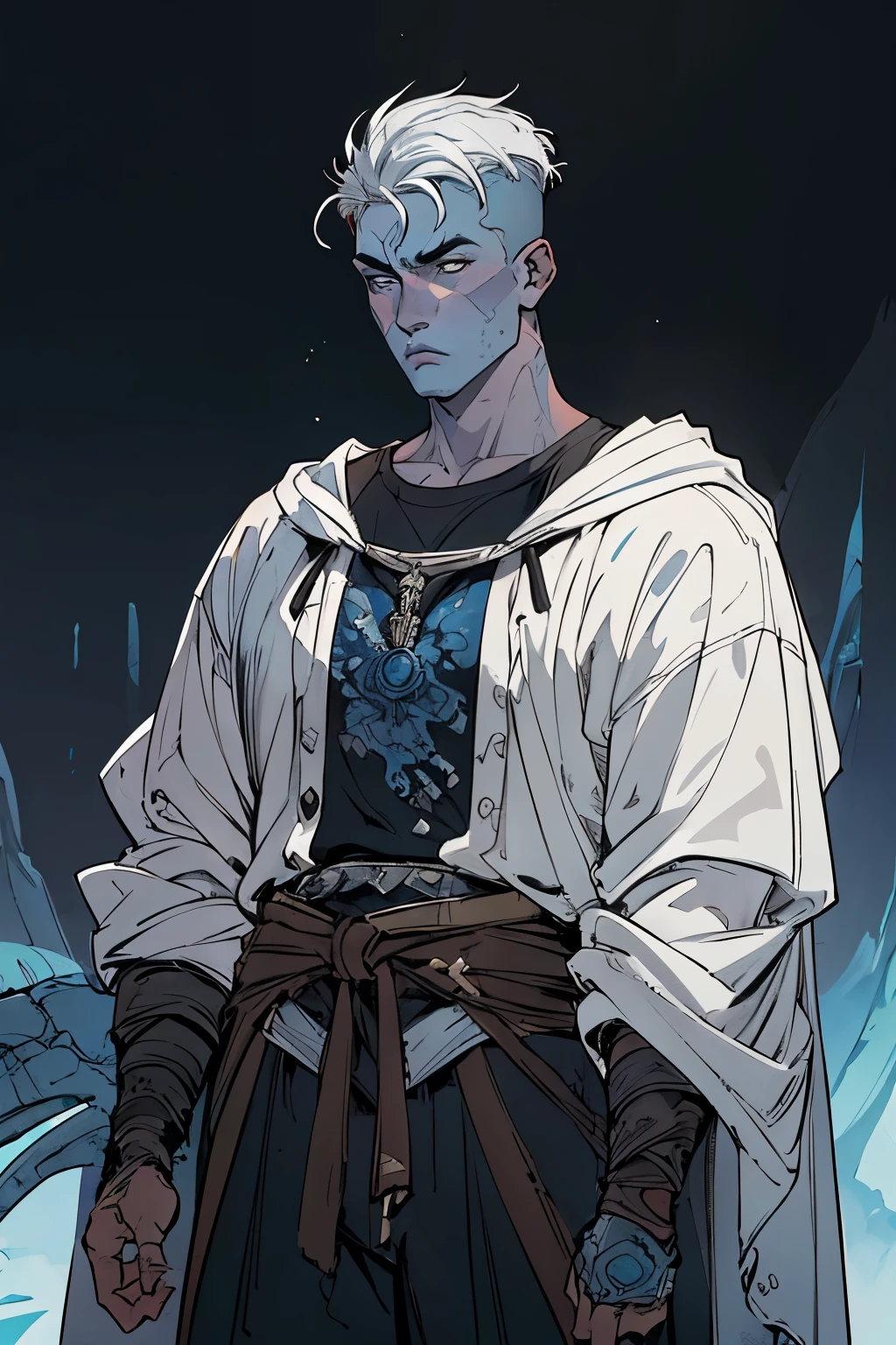 masterpiece:1.2, best quality, ultra detailed, absurdres,, (blue_skin), messy white_hair, undercut, 1male,male_focused,, young, masculine, serious, somber, cold, black layers over gear, archer, bowman gear, in the style of Kentaro Miura, fantasy, SCI-FI, light background,