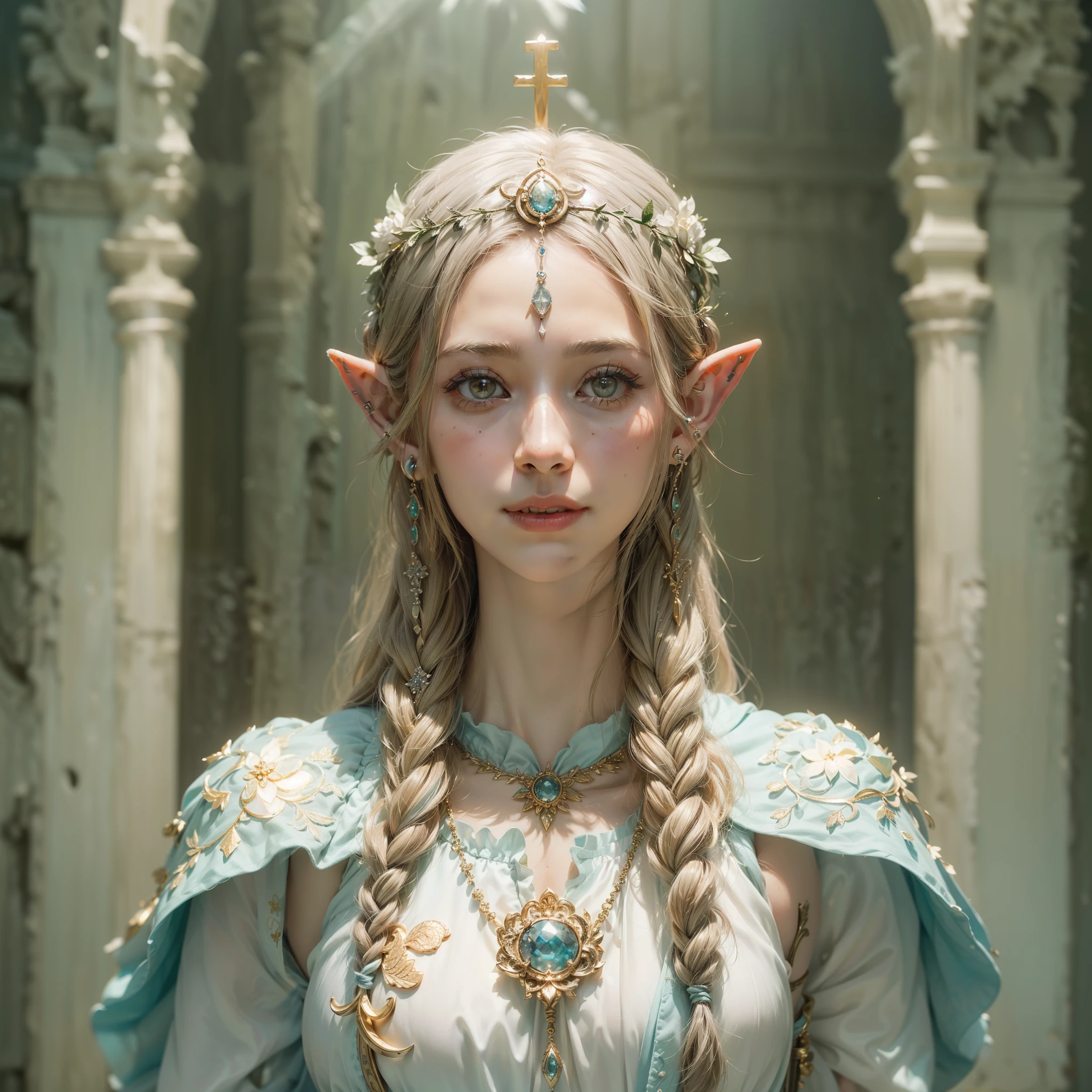 (number々Award-winning masterpiece, incredibly detailed, Texture and maximum detail), (Full body standing image:1.9), (surreal:1.6), (Elf priest dressed in white with modest but intricate decorations:1.8), (There are only two ears on the head:1.9), Top quality realistically textured skin deval world)), (The entrance to another world of ancient relics shines:1.7), (Precise, perfect circle, symmetrical eyes), (Elegant and delicate beautiful face:1.8), (gentle eyes that hide deep wisdom:1.3), (her expression is calm, gentle and very beautiful, But in her eyes there remains a feeling of eternal weariness..), (Full body standing image:1.9), (Sacred rings on five perfect and beautiful fingers:1.2), ((Anatomically perfect and beautiful style)), (around her neck,Introducing a necklace that shines with simple and sacred craftsmanship.), (she has a mischievous smile on her face:1.6), friendly and girly face, (she is delicately decorated、He has a sacred staff that emits a faint light.:1.9), gentle eyes, ancient earrings made of precious gemstones worn in the ears, (Full body standing image:1.9), (dramatic photos:1.6), Shining majestic clouds and sky, (light effect:1.1), (mysterious light), (halo optical phenomenon:1.5), (holy light falling from heaven:1.5), (dramatic light), (majestic sight), (Her expression is gentle and very beautiful:1.4), (sublime posture of prayer:1.2), (Full body standing image:1.9), (golden hair, silver hair, chestnut hair), ((look up)), ((look down)), cathedral of elves, big elf temple, Old ruins overgrown with plants, big shrine, temple ruins, ruins of an ancient castle, desolate ruins, crumbling ruins, great temples of antiquity, temple ruins, a small house in the deep forest, spectacular realistic, dark fantasy, faded, art, (greg latkowski:0.8), (teal and orange:0.4), (art station:1.5), cinematic, ((neutral color)), (HDR:1.5), (calm colors:1.2), very detailed, dramatic light, (intricate details:1.1), complex background,