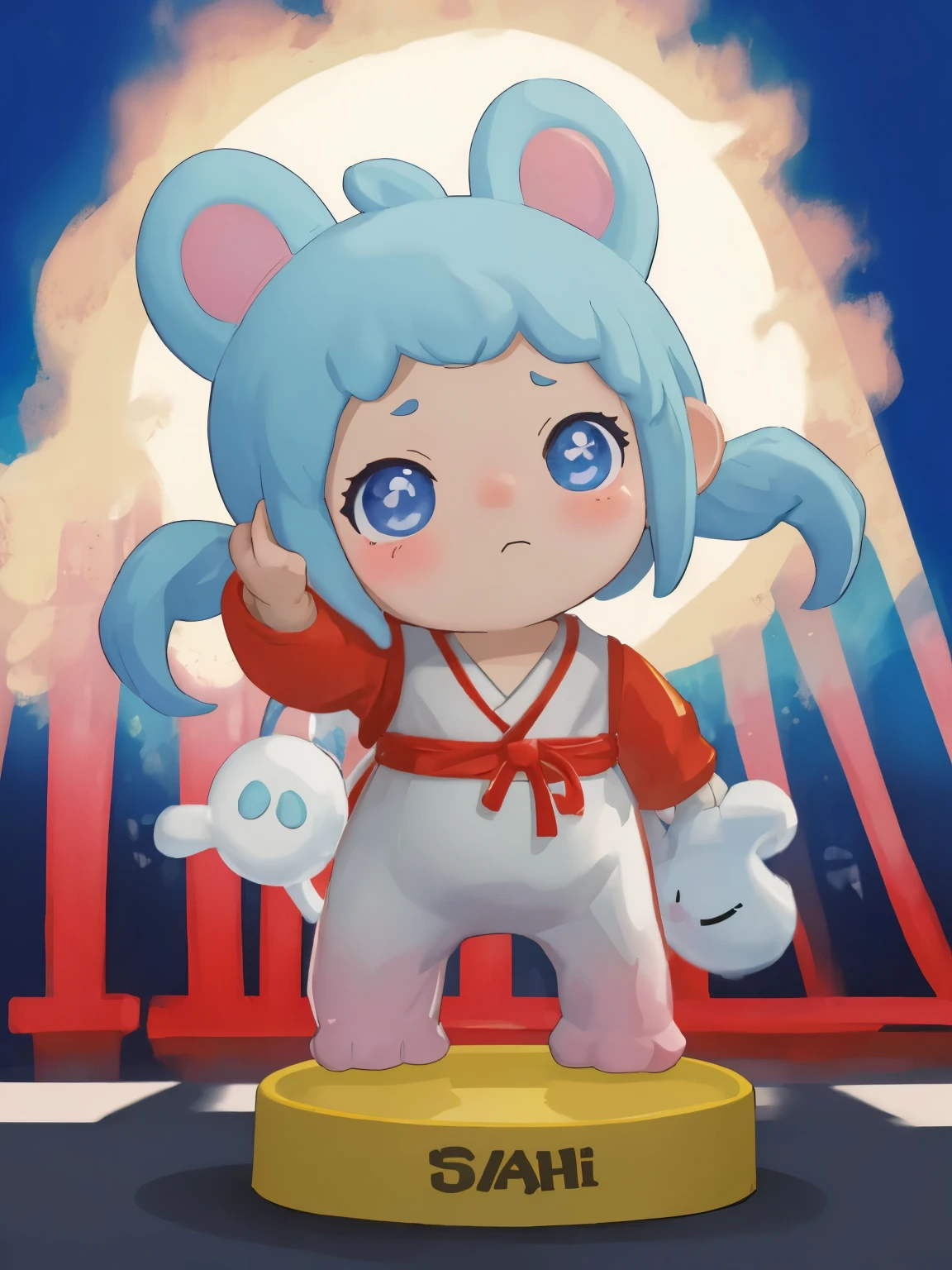 blindbox、Chibi girl acting on the stage of Hero Sentai、wearing a cute monster costume、beam pose
