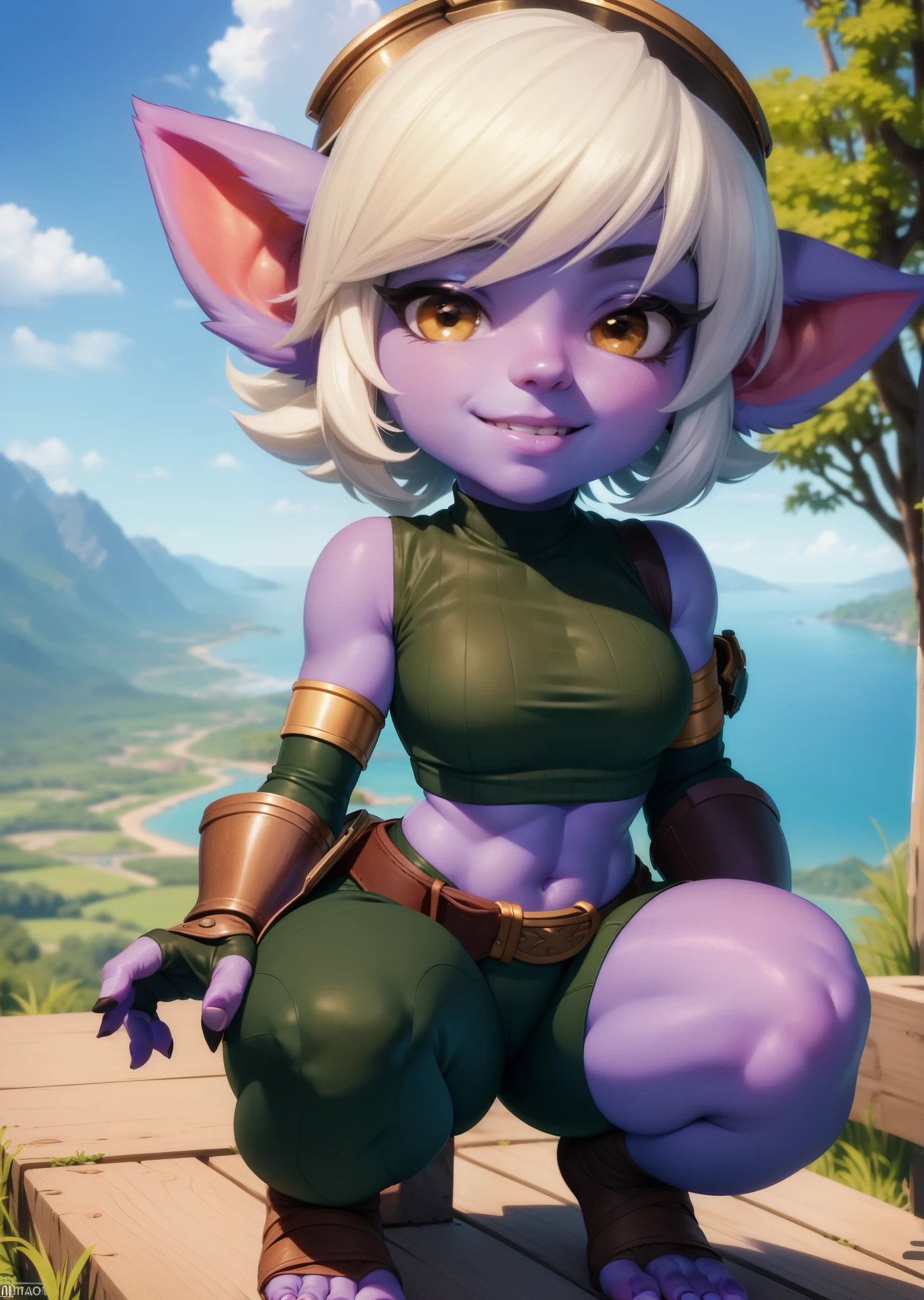 [tristana], [LOL], ((masterpiece)), ((HD)), ((high res)), ((beautiful render art)), ((solo portrait)), ((full body)), ((front view)), ((feet visible)), ((detailed shading)), {(attractive), (short), yordle, (purple skin), (elf ears), (short white hair), (cute brown eyes), (detailed iris), (short eyelashes), (curvy hips), (detailed abs), (thick thighs), (detailed legs), (beautiful legs), (beautiful feet), (cute smile), (excited expression)}, {(green sleeveless shirt), (navel), (green pants), (brown belt), (utility belt), (brown gauntlets), (fingerless gloves), (toeless socks), (goggles on head)}, {(squatting), (looking at viewer)}, [background; (forest), (blue sky), (sun rays), (ambient lighting)]