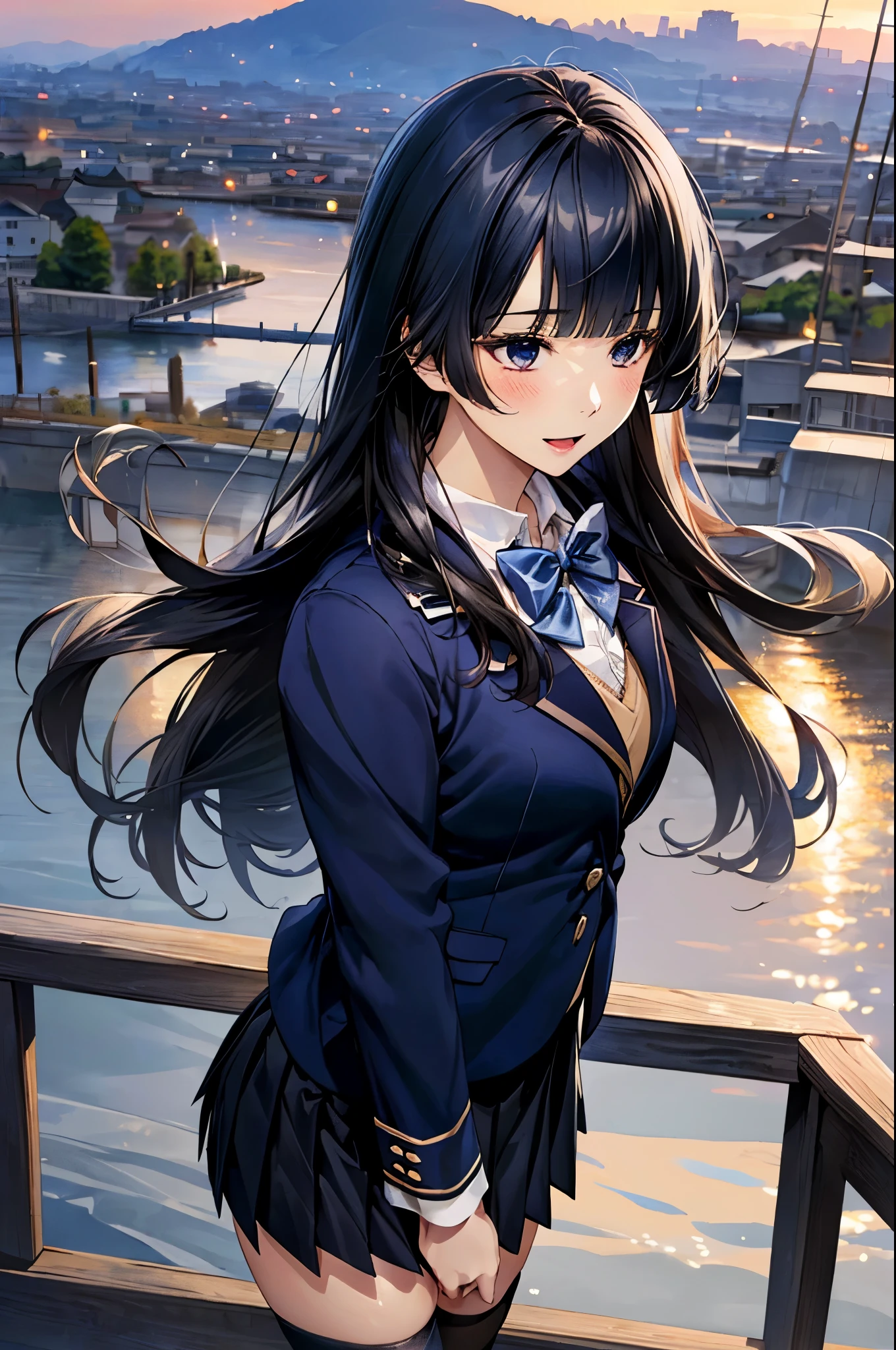 (masterpiece:1.2, top-quality), (realistic, photorealistic:1.4), beautiful illustration, (natural side lighting, movie lighting), , 
looking away, (face focus, upper body, front view:0.6), 1 girl, high school girl, japanese, perfect face, perfect anatomy, cute and symmetrical face, (round face), shiny skin, 
(long hair:1.6, hime cut:1.5, black hair), blunt bangs, blue eyes, big eyes, long eye lasher, (medium breasts), 
beautiful hair, beautiful face, beautiful detailed eyes, beautiful clavicle, beautiful body, beautiful chest, beautiful thigh, beautiful legs, beautiful fingers, 
(((navy school uniform, navy school blazer:1.2, navy pleated mini skirt), closed blazer, gray bow tie, white collared shirts), black thigh-highs), 
(beautiful scenery), depth of field, morning, (riverside, cityscape in the distance), standing, (hands on own chest), (lovely smile, open mouth), 