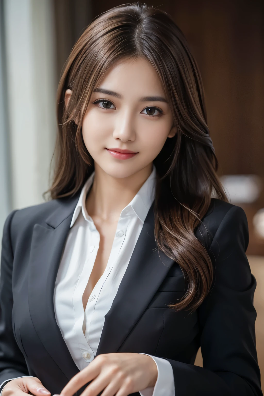 table top, highest quality, realistic, Super detailed, finely, High resolution, 8k wallpaper, 1 beautiful woman,, light brown messy hair, wearing a business suit, sharp focus, perfect dynamic composition, beautiful and detailed eyes, thin hair, Detailed realistic skin texture, smile, close-up portrait, model body shape