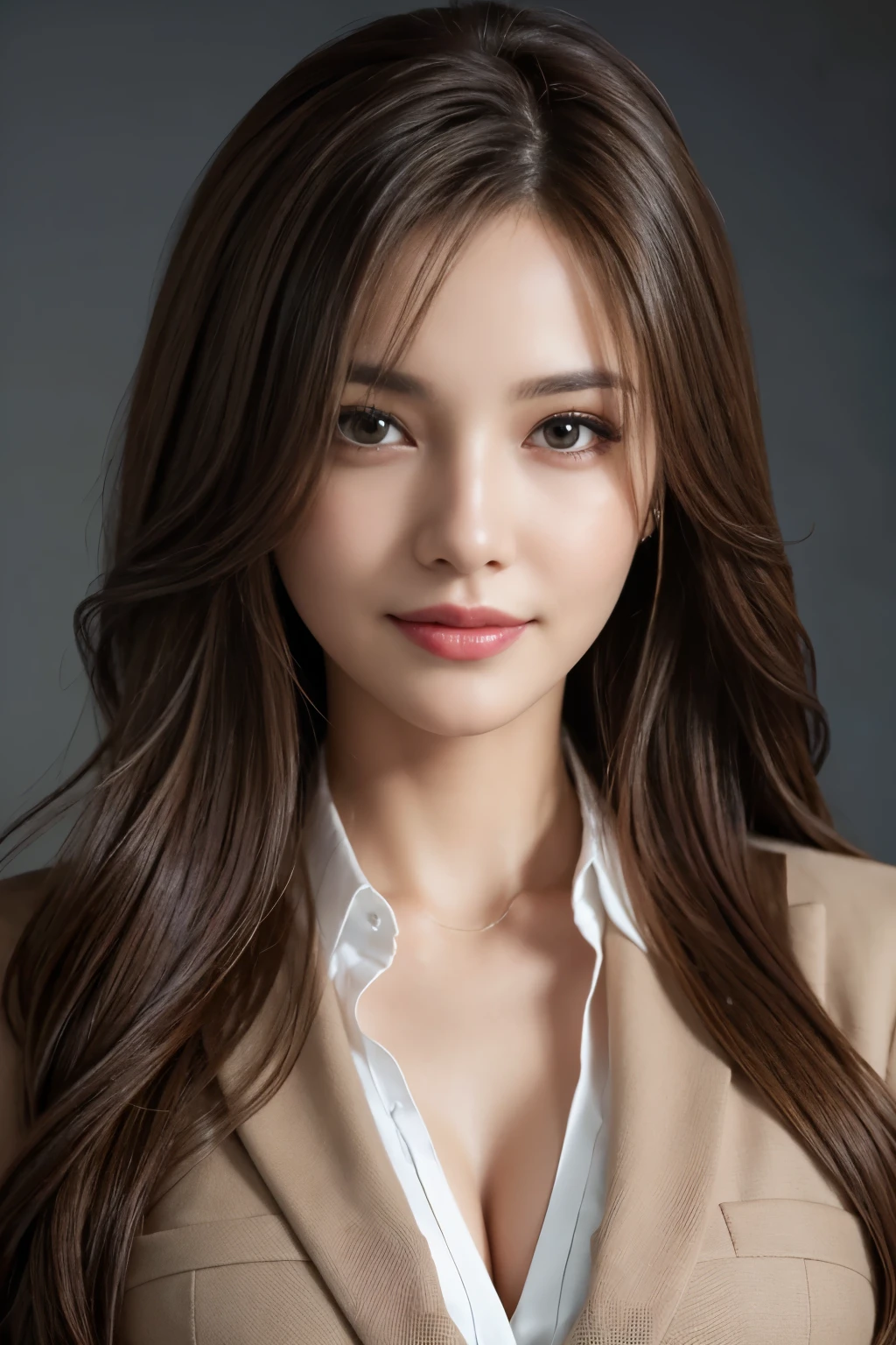 table top, highest quality, realistic, Super detailed, finely, High resolution, 8k wallpaper, 1 beautiful woman,, light brown messy hair, wearing a business suit, sharp focus, perfect dynamic composition, beautiful and detailed eyes, thin hair, Detailed realistic skin texture, smile, close-up portrait, model body shape
