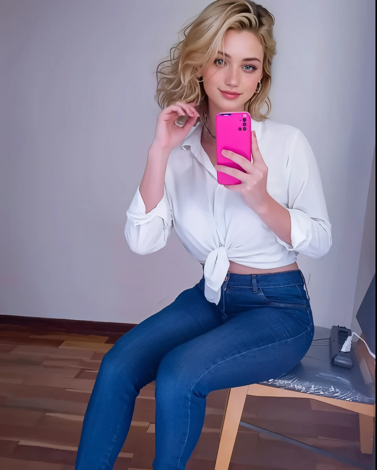 mulher, americana, 25 anos, pale skin and freckles, olhos cinzas, nariz delicado, soft and delicate lips, Cabelo blondie cinza longo e ondulados, sorriso meigo