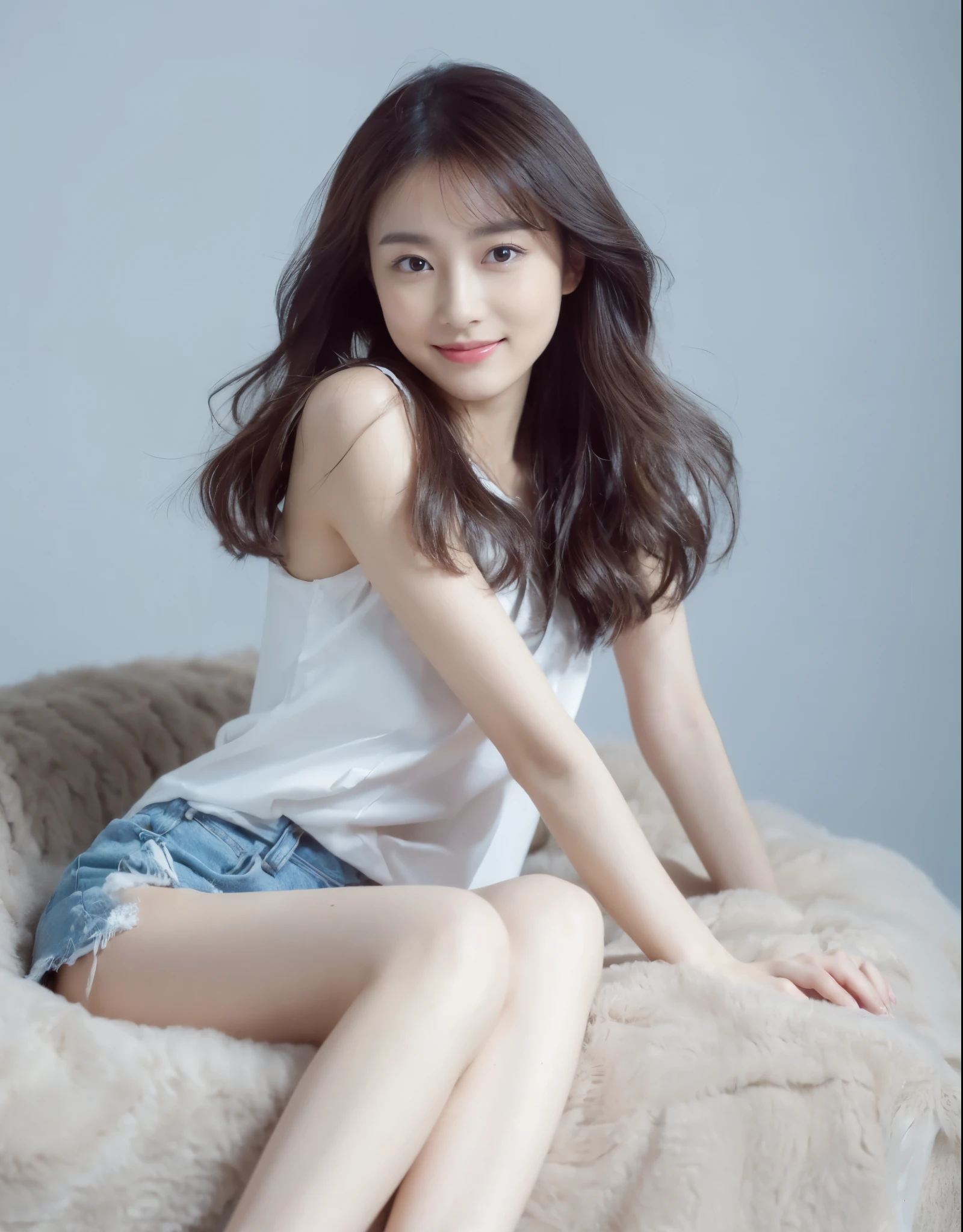 ((Masterpiece, Top image quality, high resolution、alone、skin shiny))(on the table, best quality, actual, super detailed, meticulous, high resolution, 8k wallpaper), Close-up portrait of a beautiful woman, like, smiling, light brown messy hair, Perfect dynamic composition, 美丽meticulous的眼睛, Just like the cover of a fashion magazine, on campus,Gorgeous costumes,hot stamping clothing,