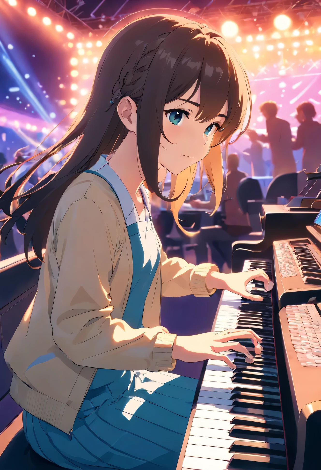 Full body image of playing keyboard on live stage、girl