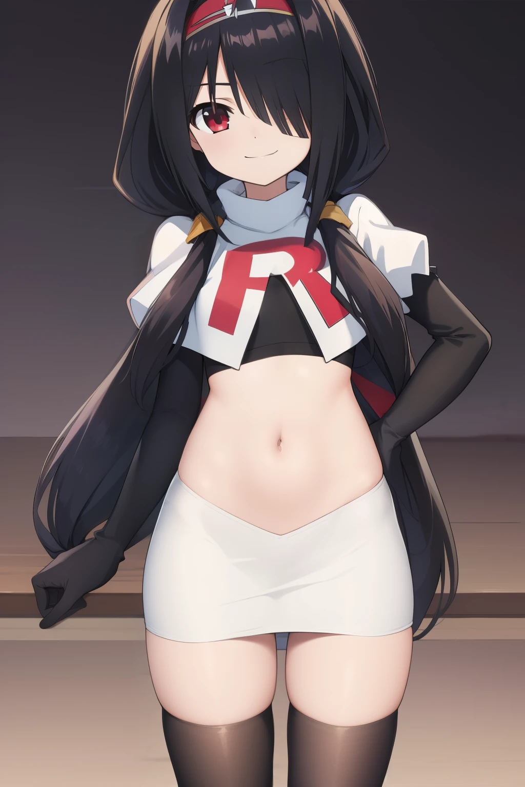 best quality,masterpiece,Super Resolution, 8K , 18 years old ,
kkkrumi2Z, ( kkkrumi2Z\(low-tied long hair\):1.3) ,low twintails ,kkkrumi2Z\(hair over one eye\), kkkrumi\(Hair Accessories\) , Evil smile, team rocket,team rocket uniform, red letter R, white skirt,white crop top,black thigh-highs,black elbow gloves