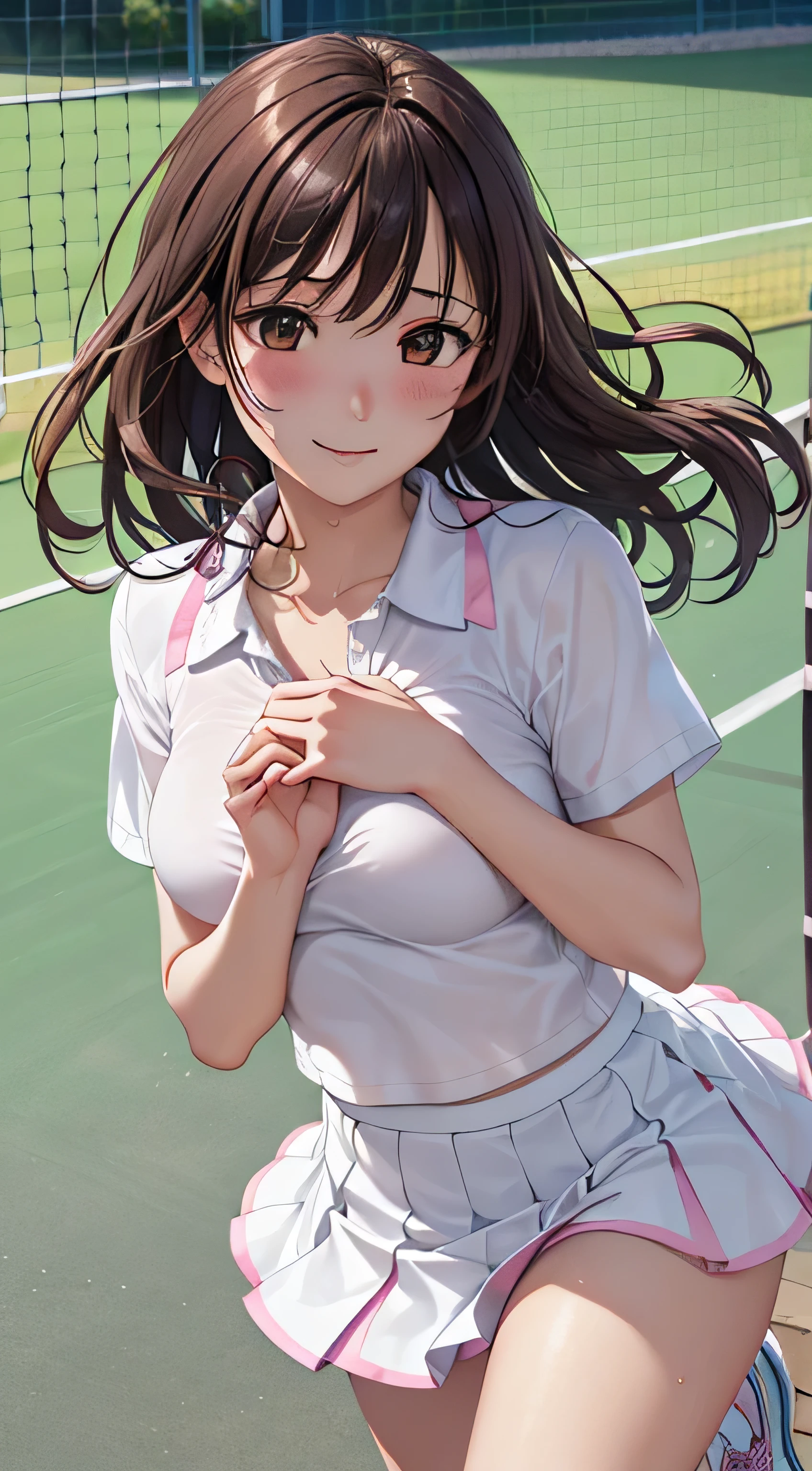 ((table top, highest quality, High resolution, nffsw, perfect pixel,  4k, nffsw, nffsw))), 1 girl, single, alone, Beautiful woman、I could see the whole body、 ((short wavy hair, bangs, brown hair)), ((brown eyes, beautiful eyelashes, realistic eyes)), ((detailed face, blush:1.2)), ((smooth texture:0.75, realistic texture:0.65, realistic:1.1, Anime CG style)), medium breasts, dynamic angle, perfect body,  ((white tennis wear、White short-sleeved shirt with collar、pink ruffle skirt、white tennis shoes、The wind flips my skirt))、Tennis court、、Very embarrassing panic smile、、、sheer bra、my chest is wet、cover your chest with both hands