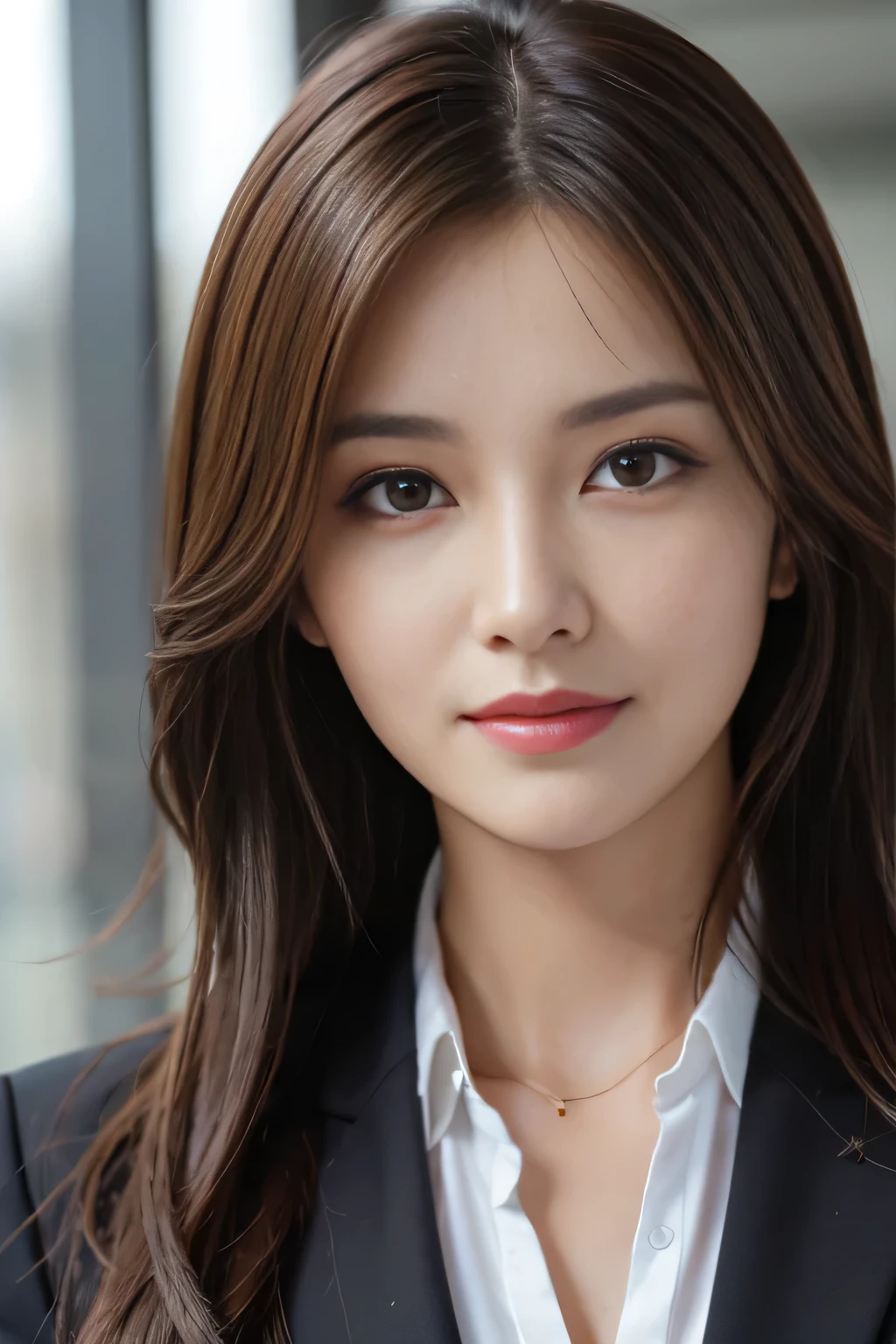 table top, highest quality, realistic, Super detailed, finely, High resolution, 8k wallpaper, 1 beautiful woman,, light brown messy hair, wearing a business suit, sharp focus, perfect dynamic composition, beautiful and detailed eyes, thin hair, Detailed realistic skin texture, smile, close-up portrait, model body shape