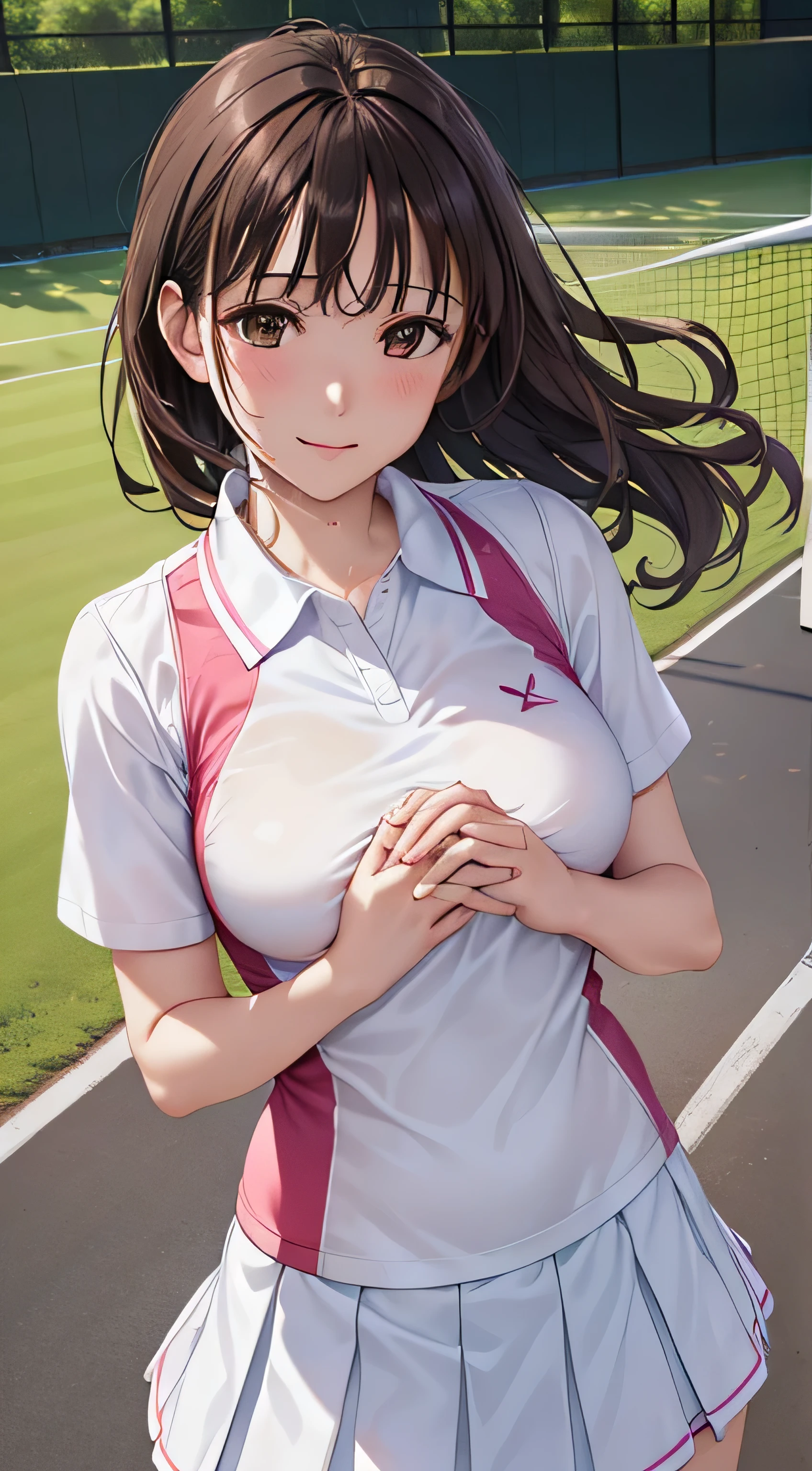 ((table top, highest quality, High resolution, nffsw, perfect pixel,  4k, nffsw, nffsw))), 1 girl, single, alone, Beautiful woman、I could see the whole body、 ((short wavy hair, bangs, brown hair)), ((brown eyes, beautiful eyelashes, realistic eyes)), ((detailed face, blush:1.2)), ((smooth texture:0.75, realistic texture:0.65, realistic:1.1, Anime CG style)), medium breasts, dynamic angle, perfect body,  ((white tennis wear、White short-sleeved shirt with collar、pink ruffle skirt、white tennis shoes、The wind flips my skirt))、Tennis court、、Very embarrassing panic smile、、、sheer bra、my chest is wet、cover your chest with both hands