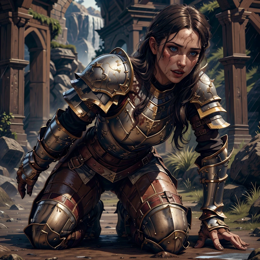 (best quality,4k,8k,highres,masterpiece:1.2),ultra-detailed,(realistic,photorealistic,photo-realistic:1.37), A kneeling woman in armor. Long, dirty, wet hair. Blurred makeup. Face hidden in her hands. Crying. Fitted full plate armor (dirty, bloody, mud). Looks like after a heavy battle. In the background, a castle in rocky mountains and bodies of fallen knights.  Rain washes away dirt and blood from the armor. 