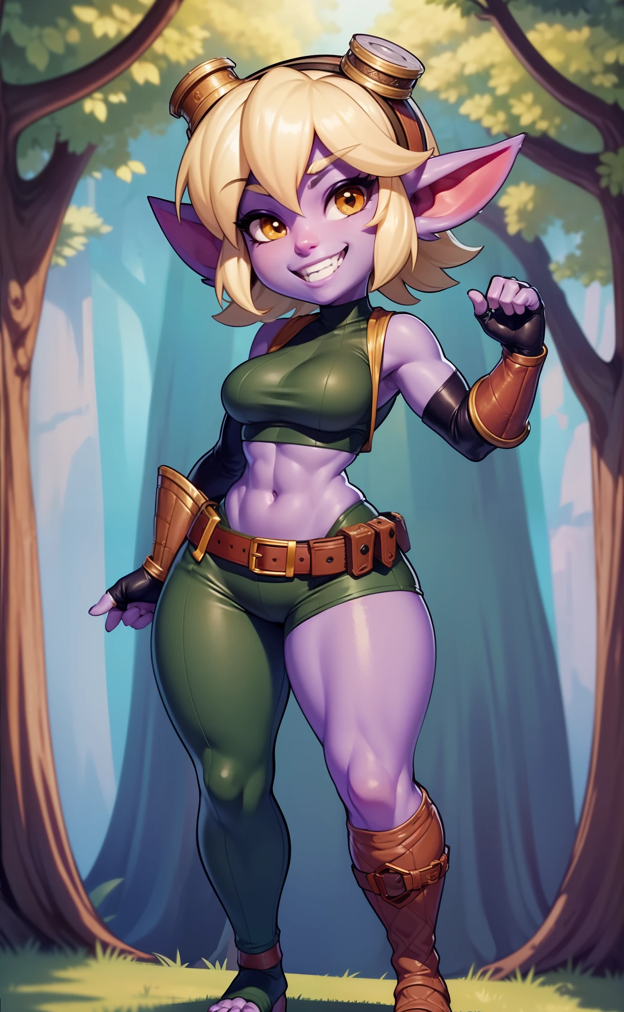 [tristana], [LOL], ((masterpiece)), ((HD)), ((high res)), ((beautiful render art)), ((solo portrait)), ((full body)), ((front view)), ((feet visible)), ((detailed shading)), {(attractive), (short), yordle, (purple skin), (elf ears), (short white hair), (cute brown eyes), (detailed iris), (short eyelashes), (curvy hips), (detailed abs), (thick thighs), (detailed legs), (beautiful legs), (beautiful feet), (wide grin), (excited expression)}, {(green sleeveless shirt), (navel), (tight green pants), (brown belt), (utility belt), (brown gauntlets), (fingerless gloves), (toeless socks), (goggles on head)}, {(standing), (looking at viewer)}, [background; (forest), (blue sky), (sun rays), (ambient lighting)]