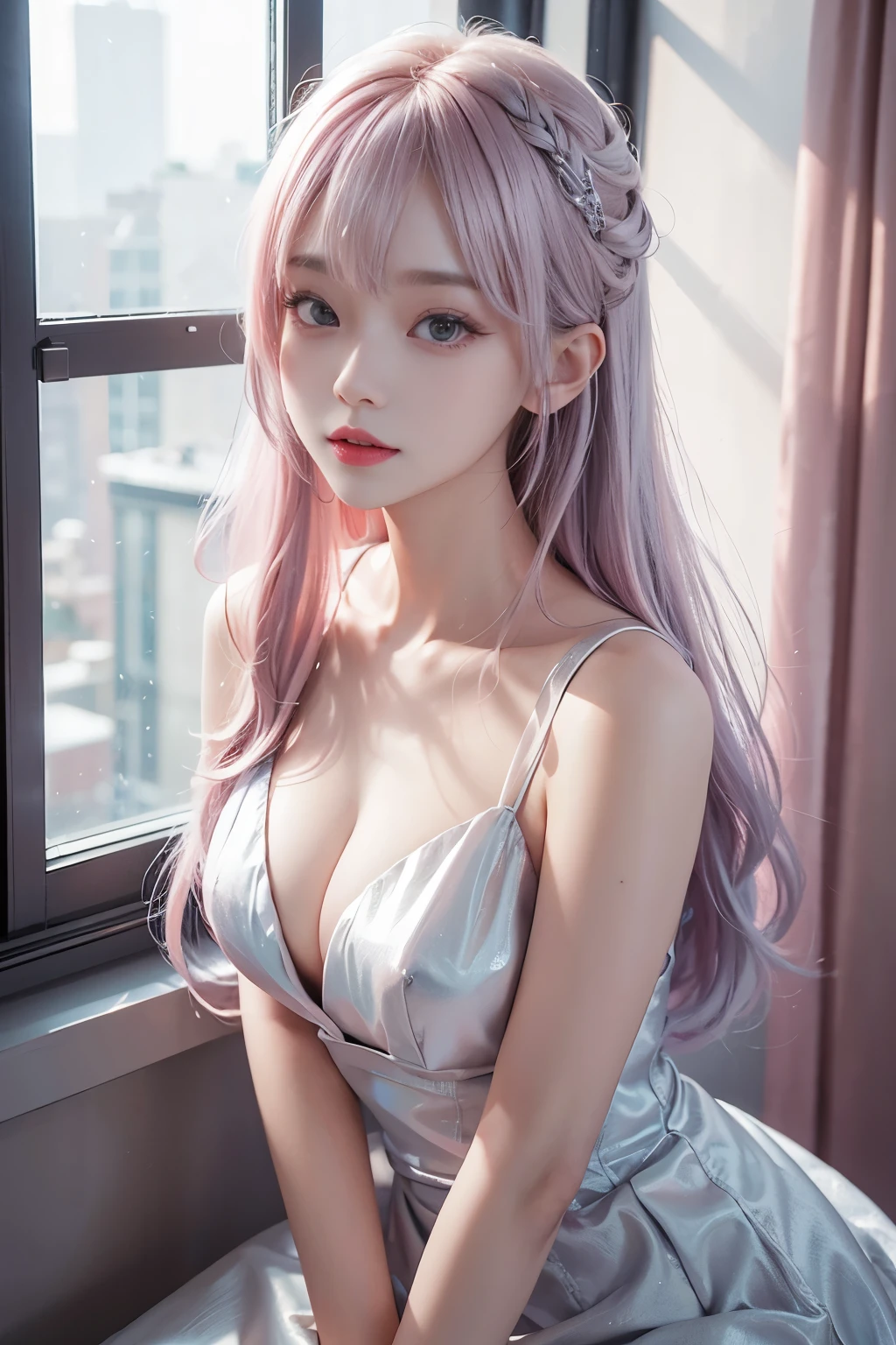 beautiful korean girl looks like 4D painting (1 girl,) (view), straight parting hair, silver and pink hair, hair bang, hair pin, sleeveless deep-v simple dress, in room (window night background), vibrant colours, studio light, ultra detailed, gentle light, 3D animation