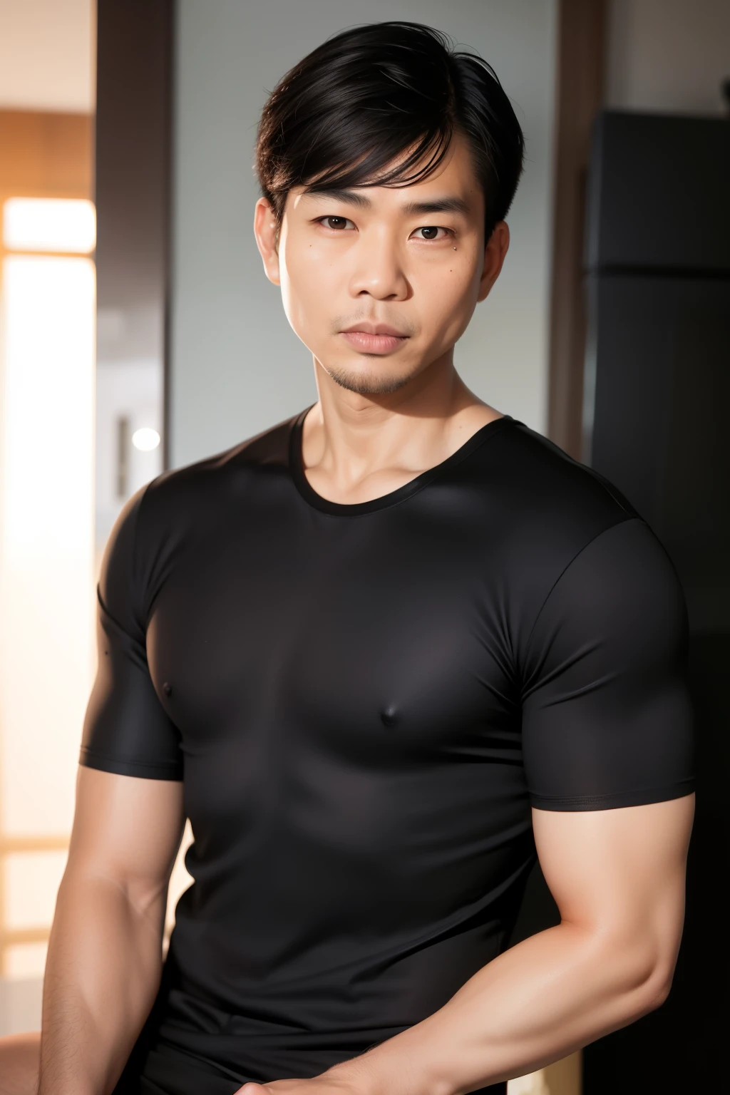 Realistic , Thai man, black shirt, backdrop of condo balcony