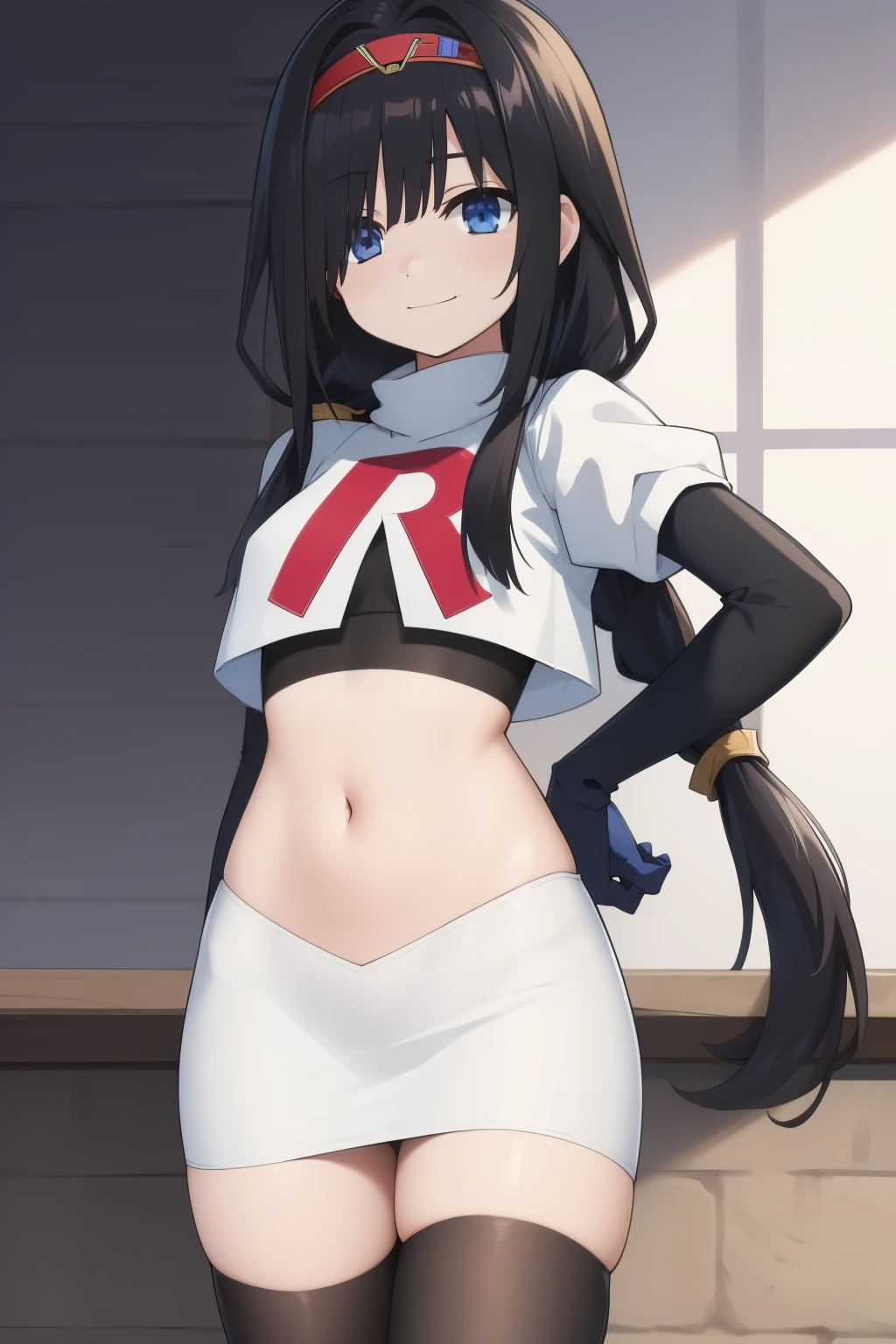 best quality,masterpiece,Super Resolution, 8K , 18 years old ,
kkkrumi2Z, ( kkkrumi2Z\(low-tied long hair\):1.3) ,low twintails ,kkkrumi2Z\(hair over one eye\), kkkrumi\(Hair Accessories\) , Evil smile, team rocket,team rocket uniform, red letter R, white skirt,white crop top,black thigh-highs,black elbow gloves