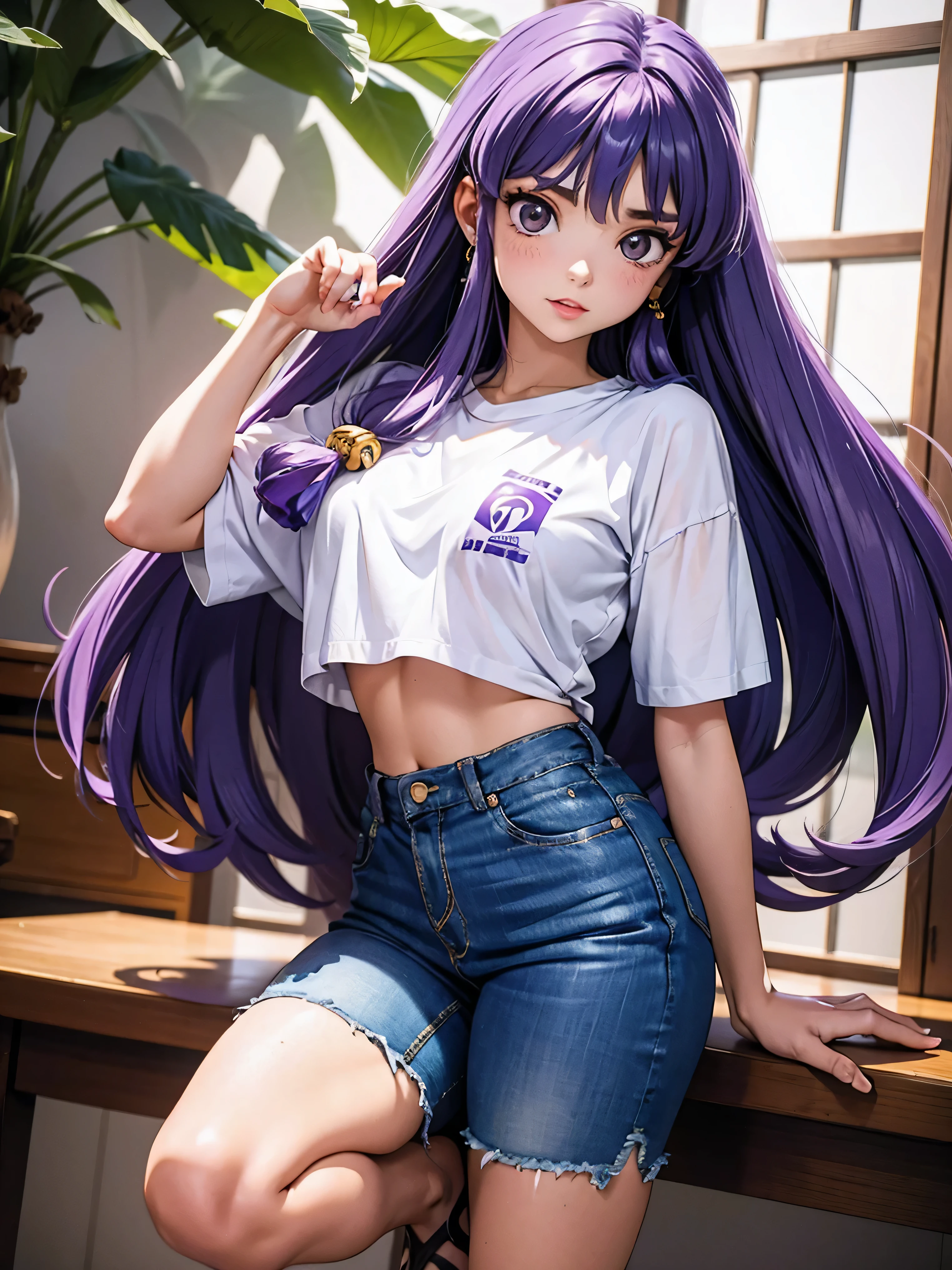 Anime cabelo purple com short jeans e blusa rosa brilhante, 18 anos, corpo bonito, seios grandes, com as hands on chest, hands on chest, Garota sexy, purple cabelo, mechas de cabelo laterais, mechas de cabelo na lateral do rosto, beautiful lighting, sombras suaves, olhos azuis, pernas bonitas, cabelo longo purple, estilo anime, personagem Shampoo Chan, Autora Rumiko Takahashi, Baseado em obra de Rumiko Takahashi, Anime Ranma 1/ 2, decote sexy, quadril robusto, corpo inteiro, corpo inteiro, busto grande, garota jovem com corpo belo e bonito, sandals on his feet, garota 18 anos jovem, usando short jeans e blusa rosa brilhante, garota anime, estilo anime, beautiful feet in sandals, 45° viewing angle, ao ar livre, peito grande, seios bonitos, cabelo purple, sandals on the feet, pernas bonitas