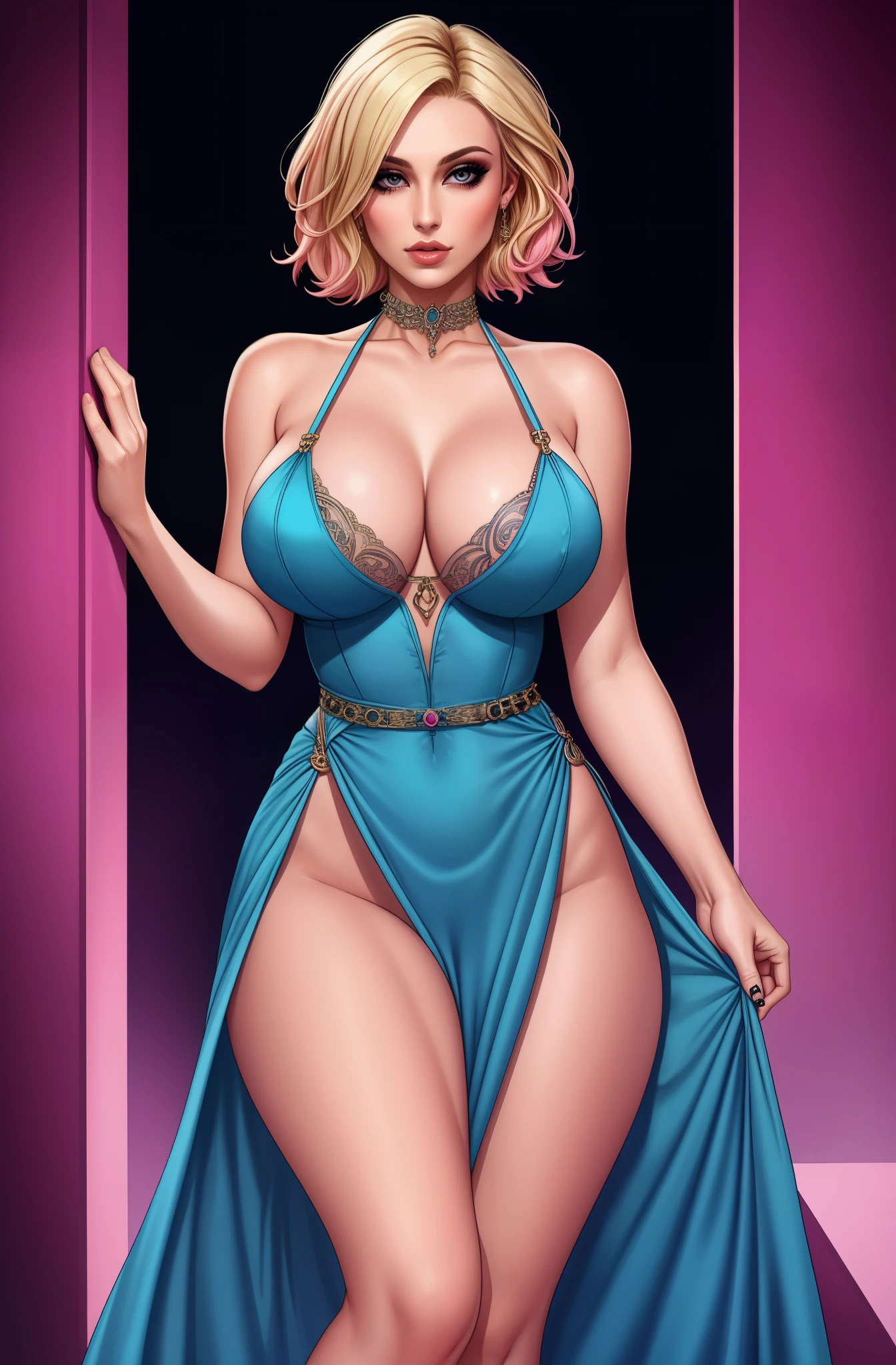 punk sorceress, long blue dress, leg slit, panty shot, panty slip, wardrobe malfunction, pink panties, blonde hair,