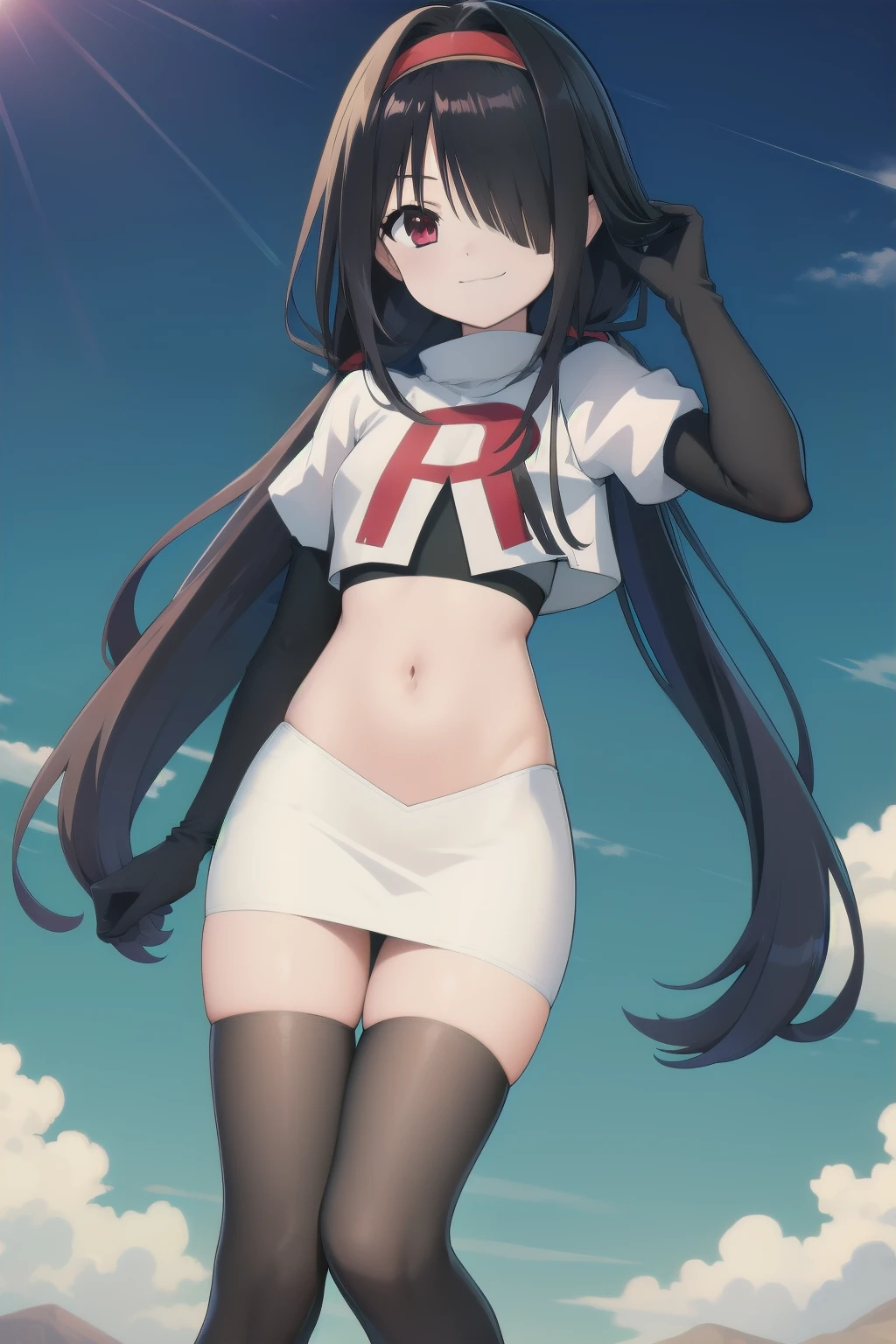 best quality,masterpiece,Super Resolution, 8K , 18 years old ,
kkkrumi2Z, ( kkkrumi2Z\(low-tied long hair\):1.3) ,low twintails ,kkkrumi2Z\(hair over one eye\), kkkrumi\(Hair Accessories\) , Evil smile, team rocket,team rocket uniform, red letter R, white skirt,white crop top,black thigh-highs,black elbow gloves