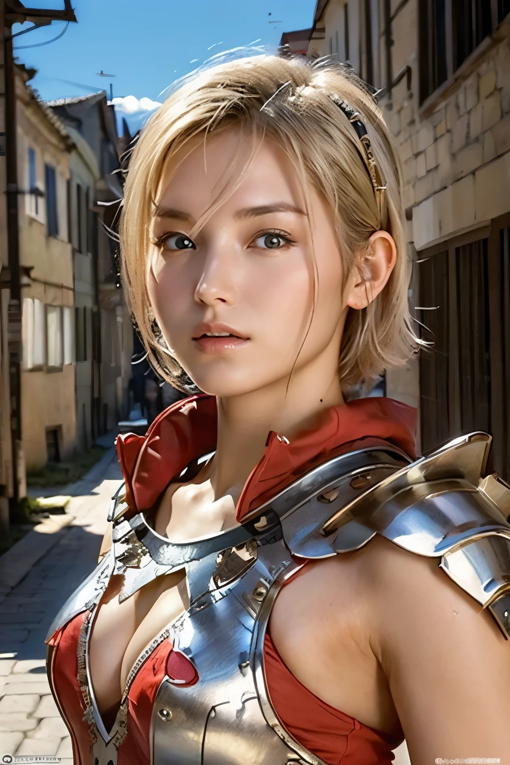 (highest quality:1.2),(perfect beautiful face 1.2),(perfect and beautiful posture:1.2),(female barbarian:1.2),blonde short cut hair,clear eyes,wearing beautiful red armor, in a fortified city