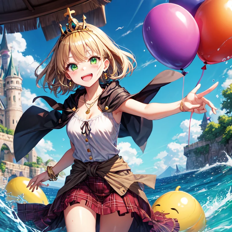 reddish-brown blonde、green eyes、one good looking girl、solo、anime、plaid mini skirt、the skirt has buttons、camisole、black t-shirt、dress、wearing a ribbon、ribbon at waist、cloak、hood、clouds are swirling、stone slabs are piled up、one hand raised、crystal earrings、sun、teeth are visible、splash of water、monster castle、have a world map、ceiling、golden key、balloon、jewelry necklace、tiara、Wheat-colored tan