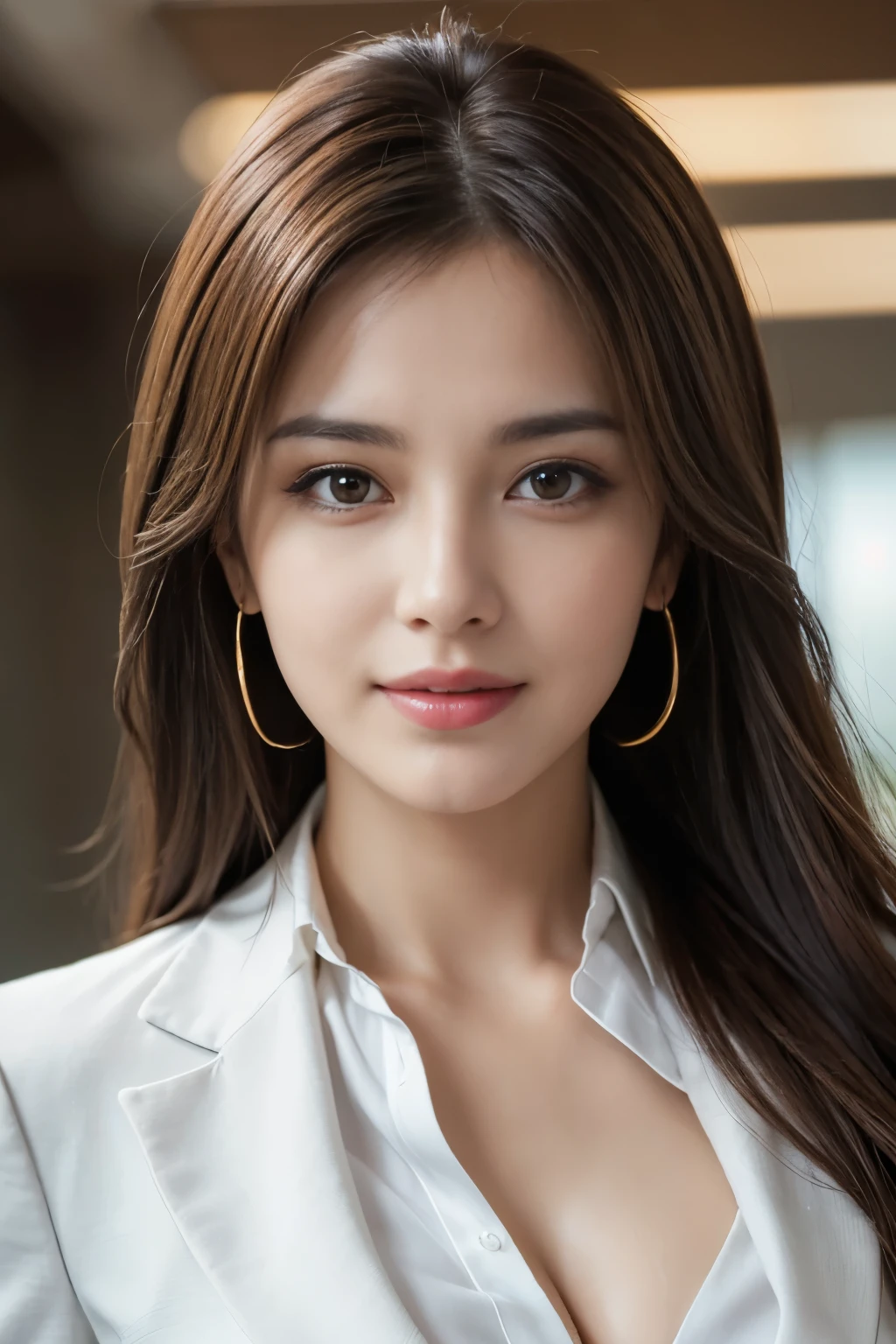 table top, highest quality, realistic, Super detailed, finely, High resolution, 8k wallpaper, 1 beautiful woman,, light brown messy hair, wearing a business suit, sharp focus, perfect dynamic composition, beautiful and detailed eyes, thin hair, Detailed realistic skin texture, smile, close-up portrait, model body shape