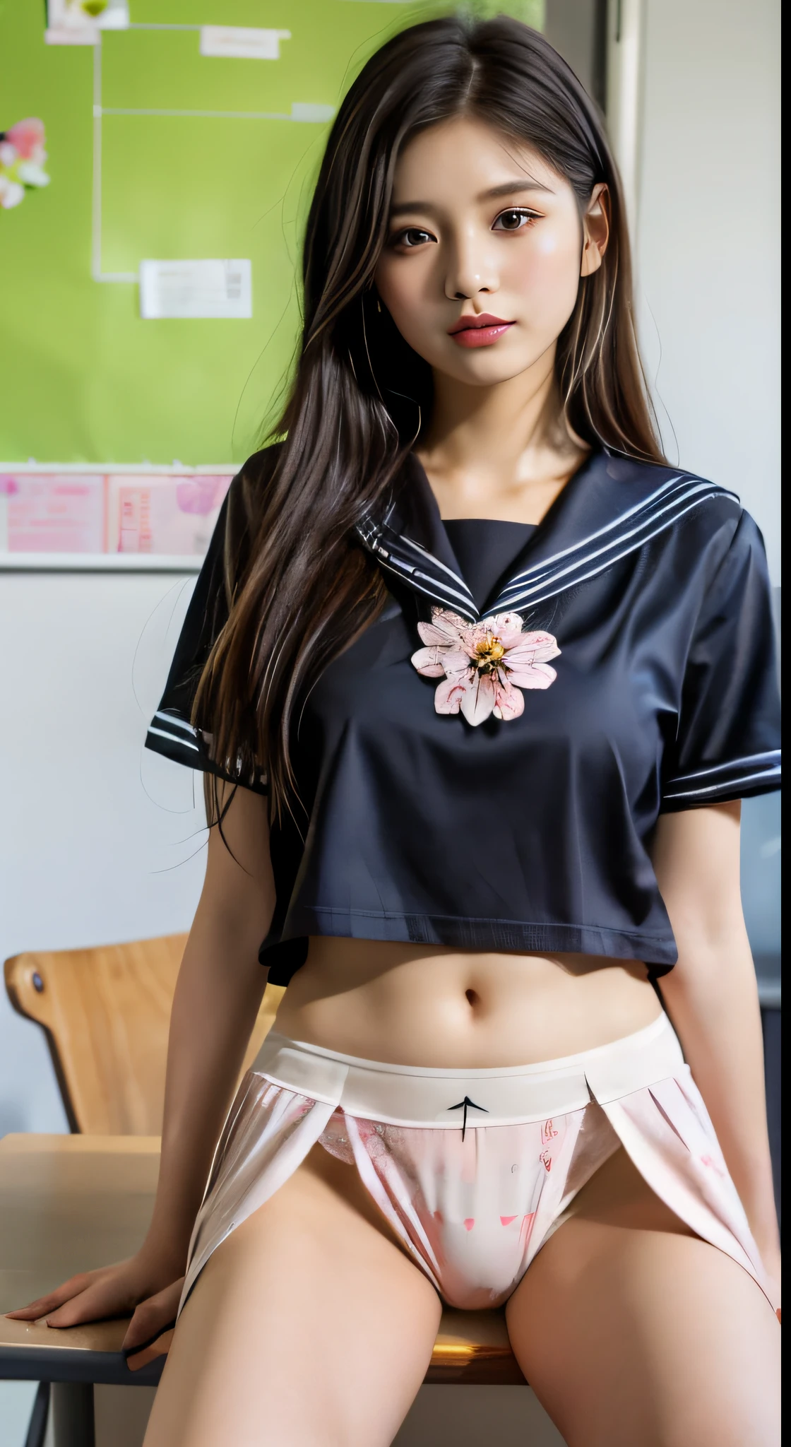((masterpiece、highest quality))、shape、Super detailed、8k、realistic、sharp focus、very detailed、professional lighting、colorful details、(((Fine skin texture)))、(((beauty of young women)))、(((unparalleled beauty)))、(((historical beauty)))、detailed texture、skin moisture、shiny skin、perfect style、erotic body、(spread your legs:1.4)、(sailor suit)、(Take off your skirt:1.4)、(show me your little floral pants:1.5)、on the school desk、18-year-old、shine、intricate details、Shitsumeka、1 A woman stands in front of the camera、(embarrassing:1.4)、(blush)、belly button、cowboy shot、